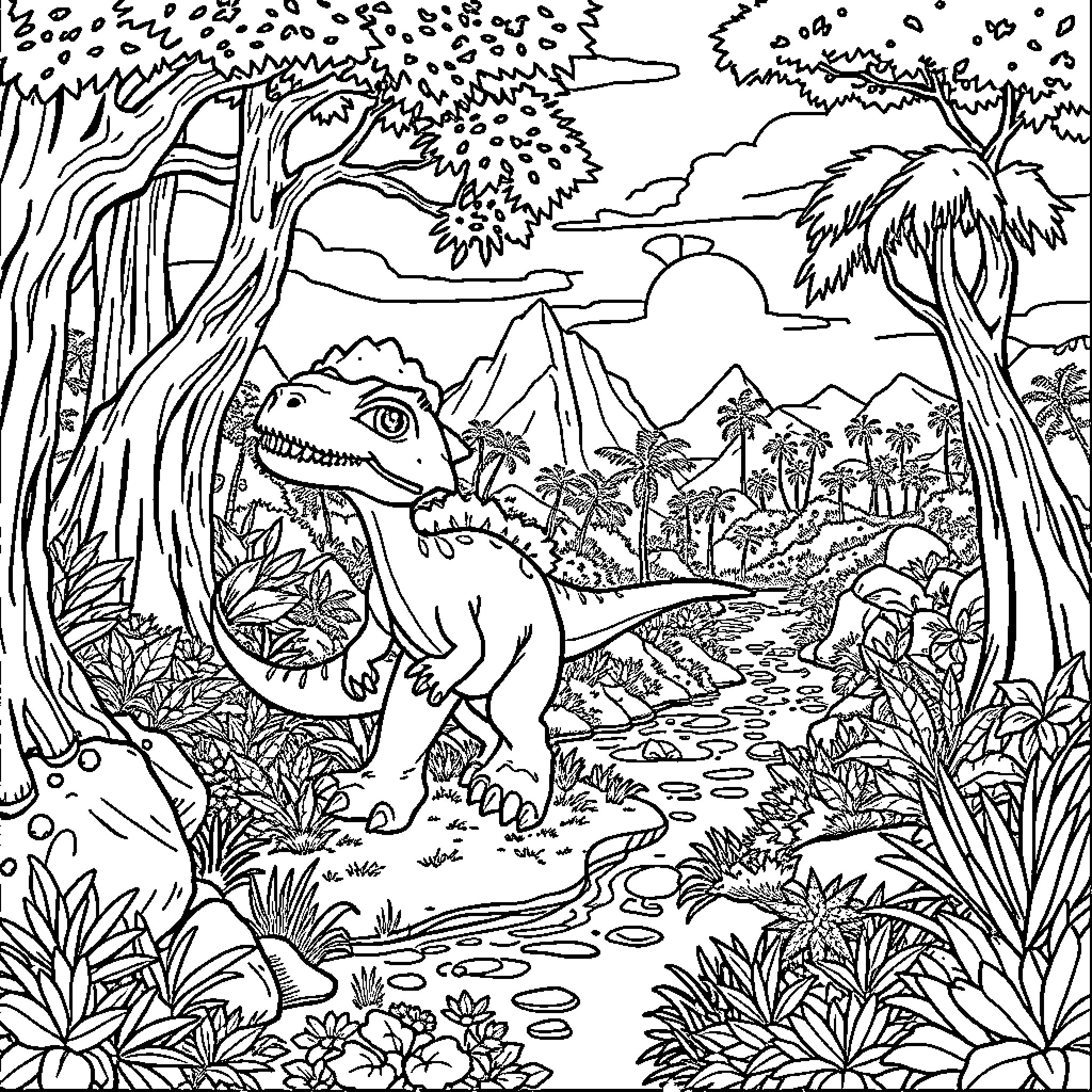 Little Foot exploring the prehistoric jungle landscape Coloring Page (free black-and-white line drawing printable PDF for all, from beginners to advanced learners, including children, teens, adults, and seniors)