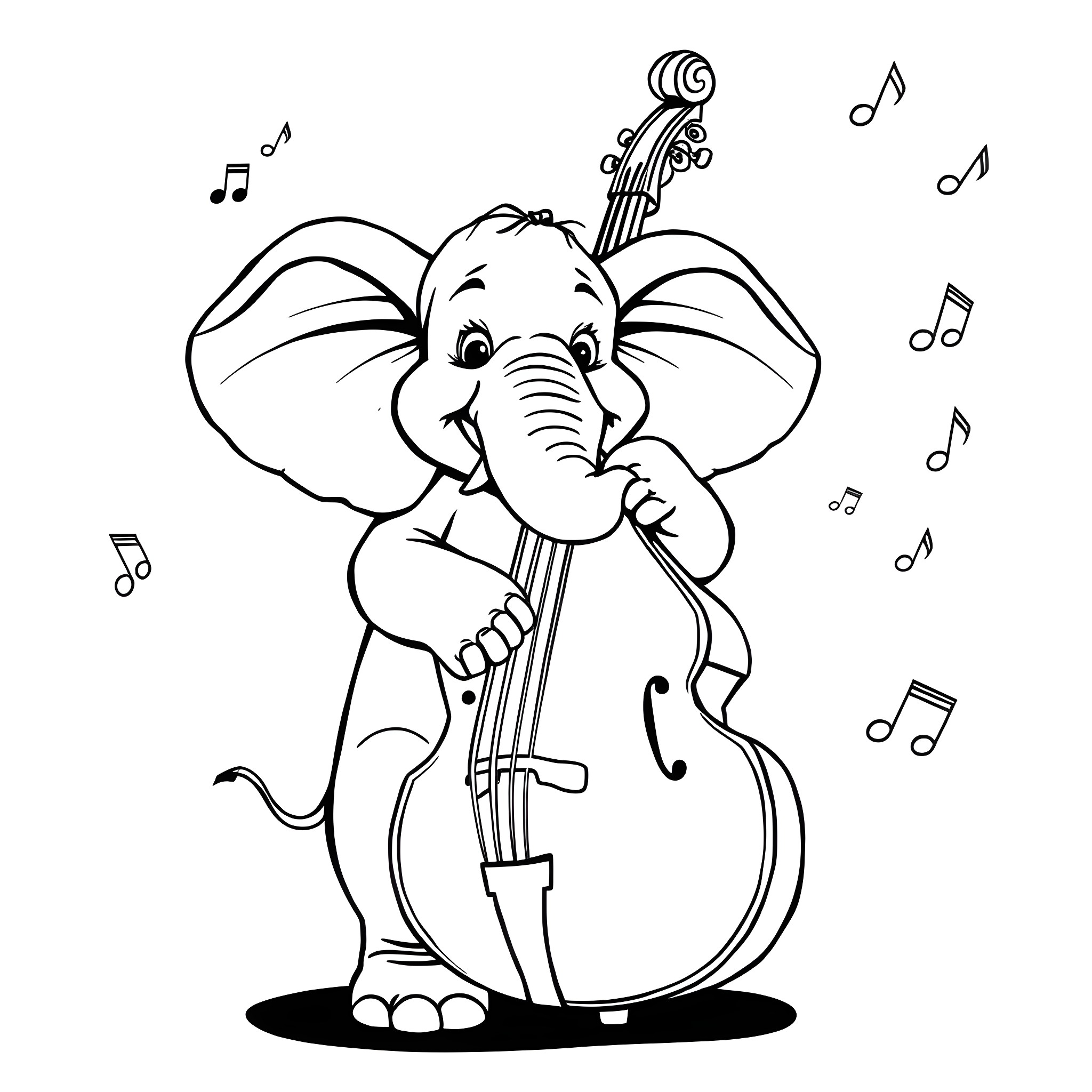 Elephant Playing Musical Instrument Coloring Page (free black-and-white line drawing printable PDF for all, from beginners to advanced learners, including children, teens, adults, and seniors)