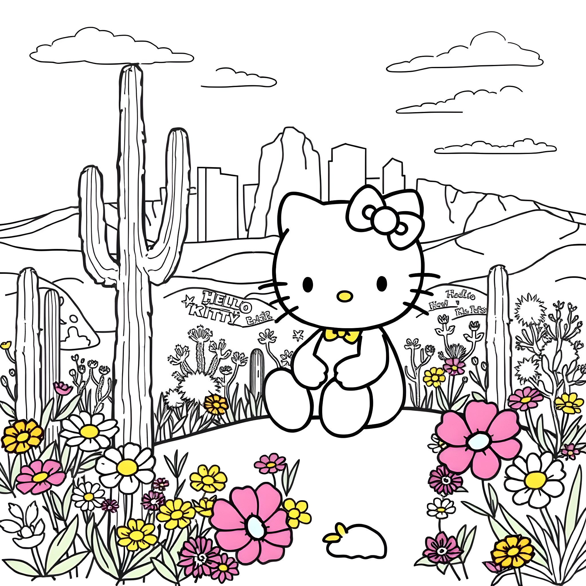 Hello Kitty enjoying the desert scenery Coloring Page (free black-and-white line drawing printable PDF for all, from beginners to advanced learners, including children, teens, adults, and seniors)