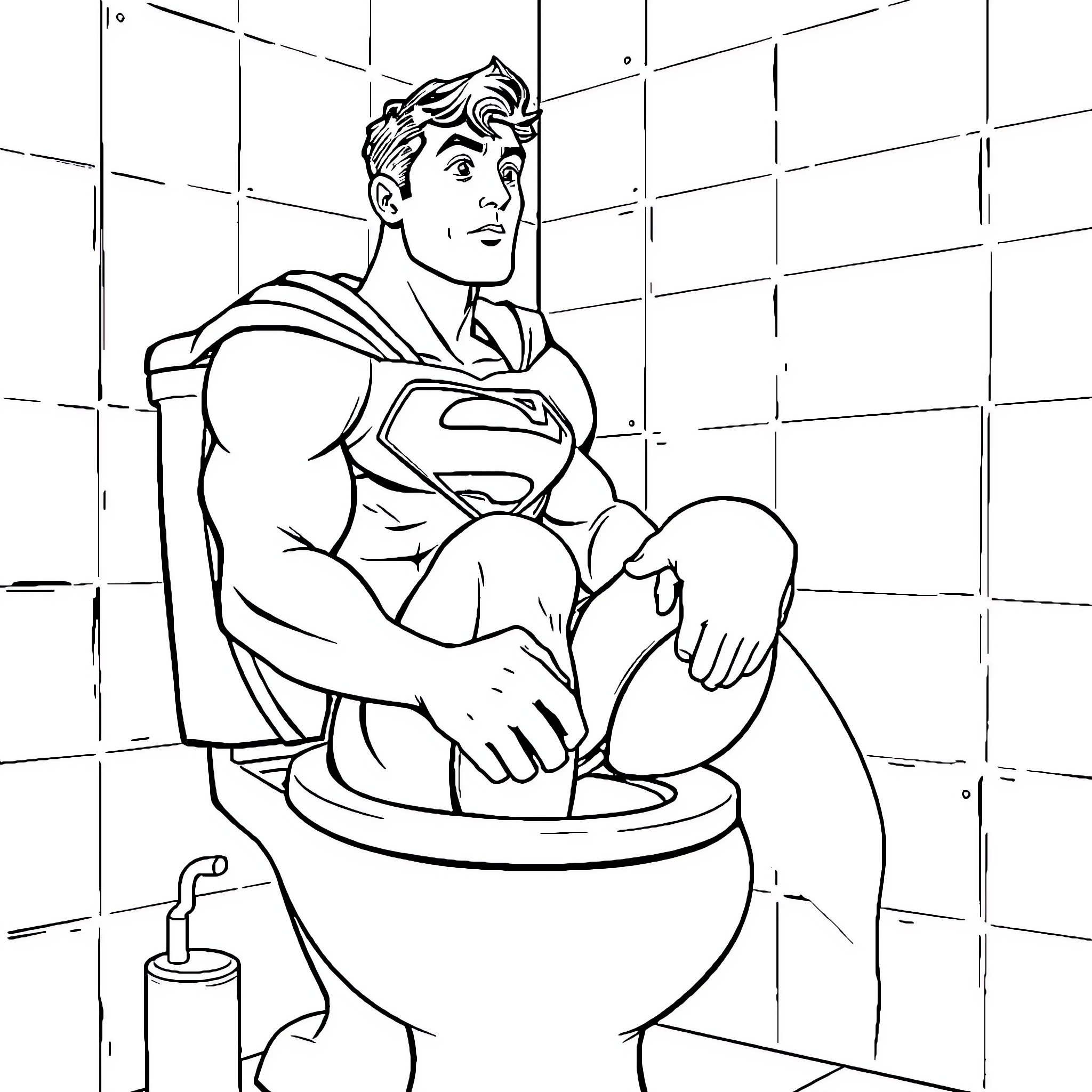 Superman in a Contemplative Moment Coloring Page (free black-and-white line drawing printable PDF for all, from beginners to advanced learners, including children, teens, adults, and seniors)