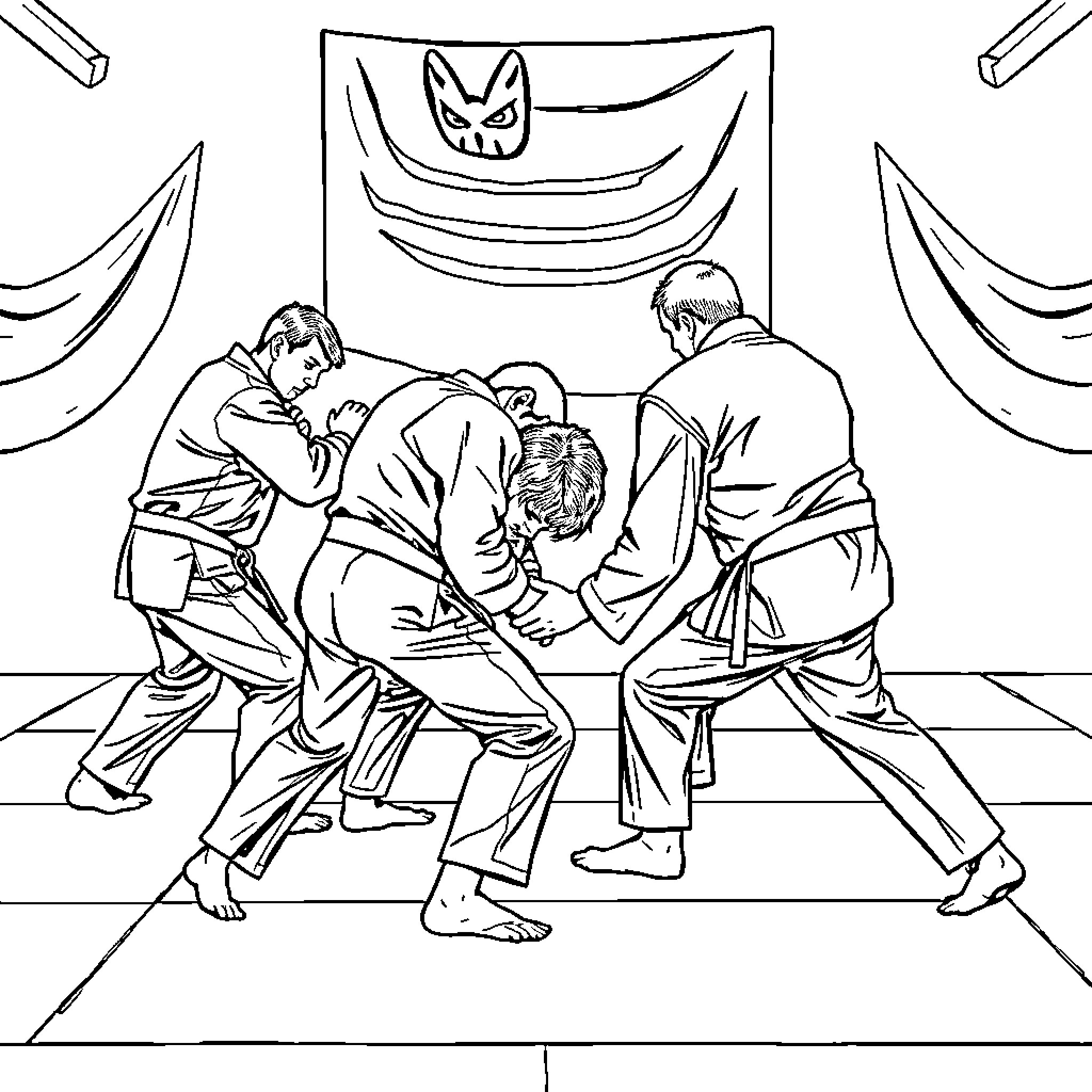Jiujitsu Grappling Match with Fierce Expressions Coloring Page (free black-and-white line drawing printable PDF for all, from beginners to advanced learners, including children, teens, adults, and seniors)