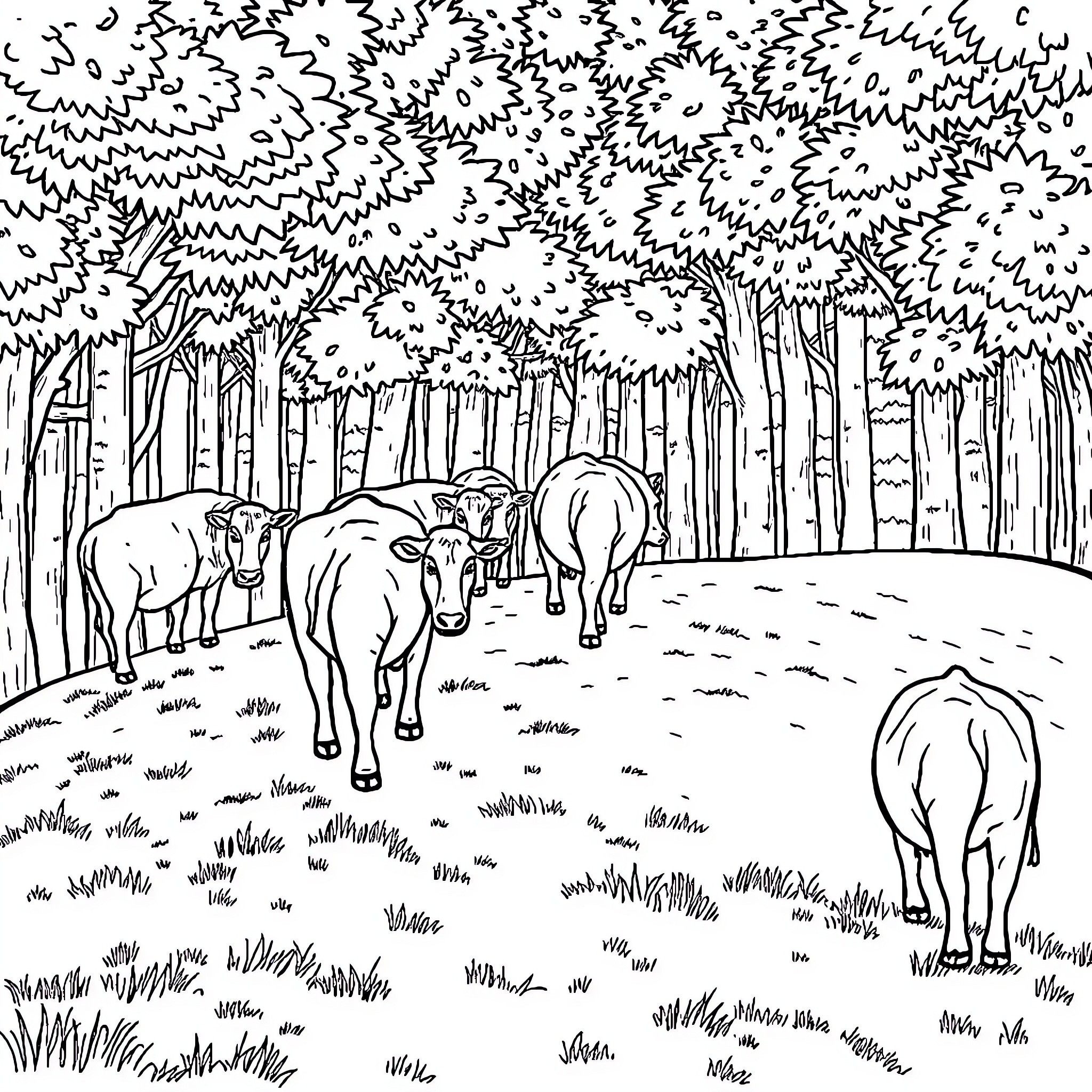 Cattle grazing peacefully in a wooded landscape Coloring Page (free black-and-white line drawing printable PDF for all, from beginners to advanced learners, including children, teens, adults, and seniors)