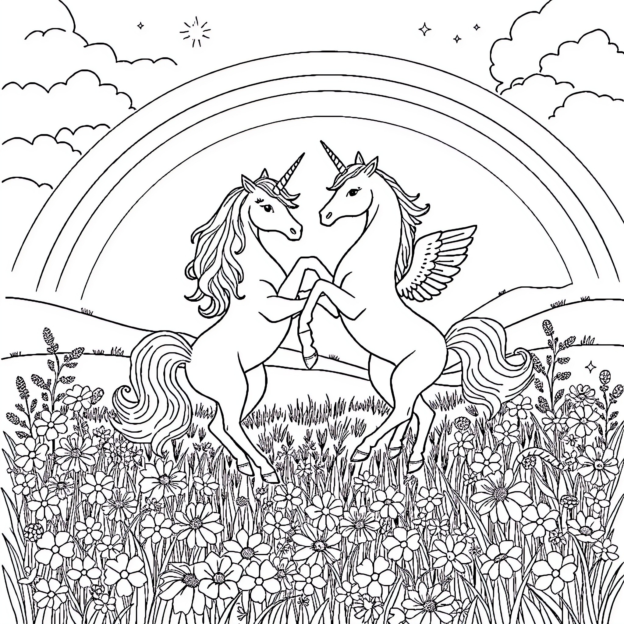 Unicorn Pair Dancing Joyfully in Flower Field Coloring Page (free black-and-white line drawing printable PDF for all, from beginners to advanced learners, including children, teens, adults, and seniors)