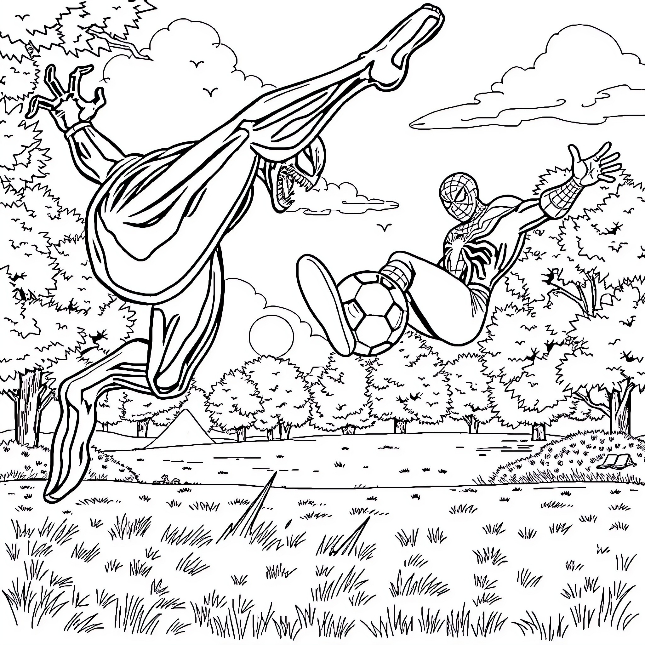 Venom Soccer Player's Acrobatic Moves Coloring Page (free black-and-white line drawing printable PDF for all, from beginners to advanced learners, including children, teens, adults, and seniors)