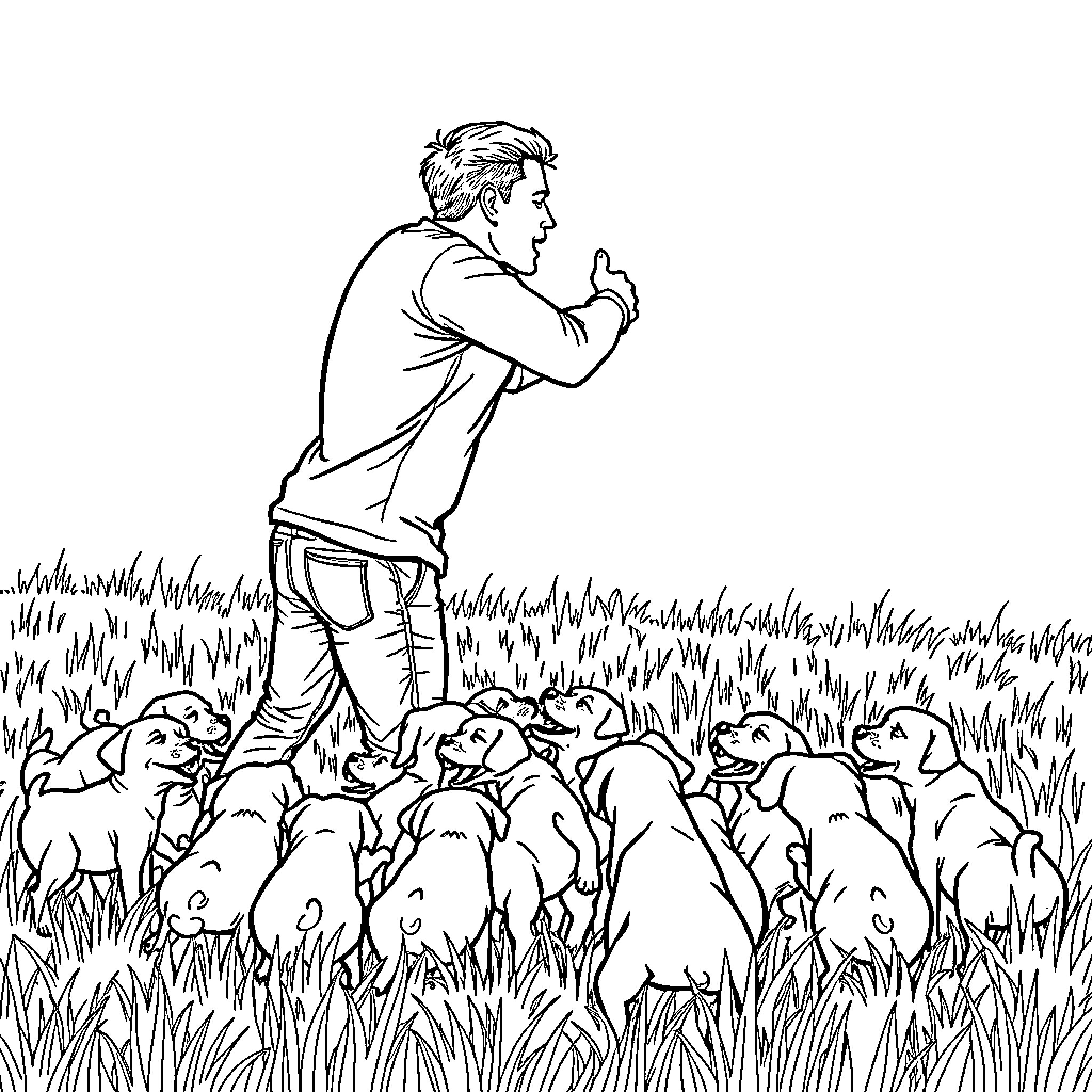 Gay Man Herding Sheep in a Grassy Field Coloring Page (free black-and-white line drawing printable PDF for all, from beginners to advanced learners, including children, teens, adults, and seniors)