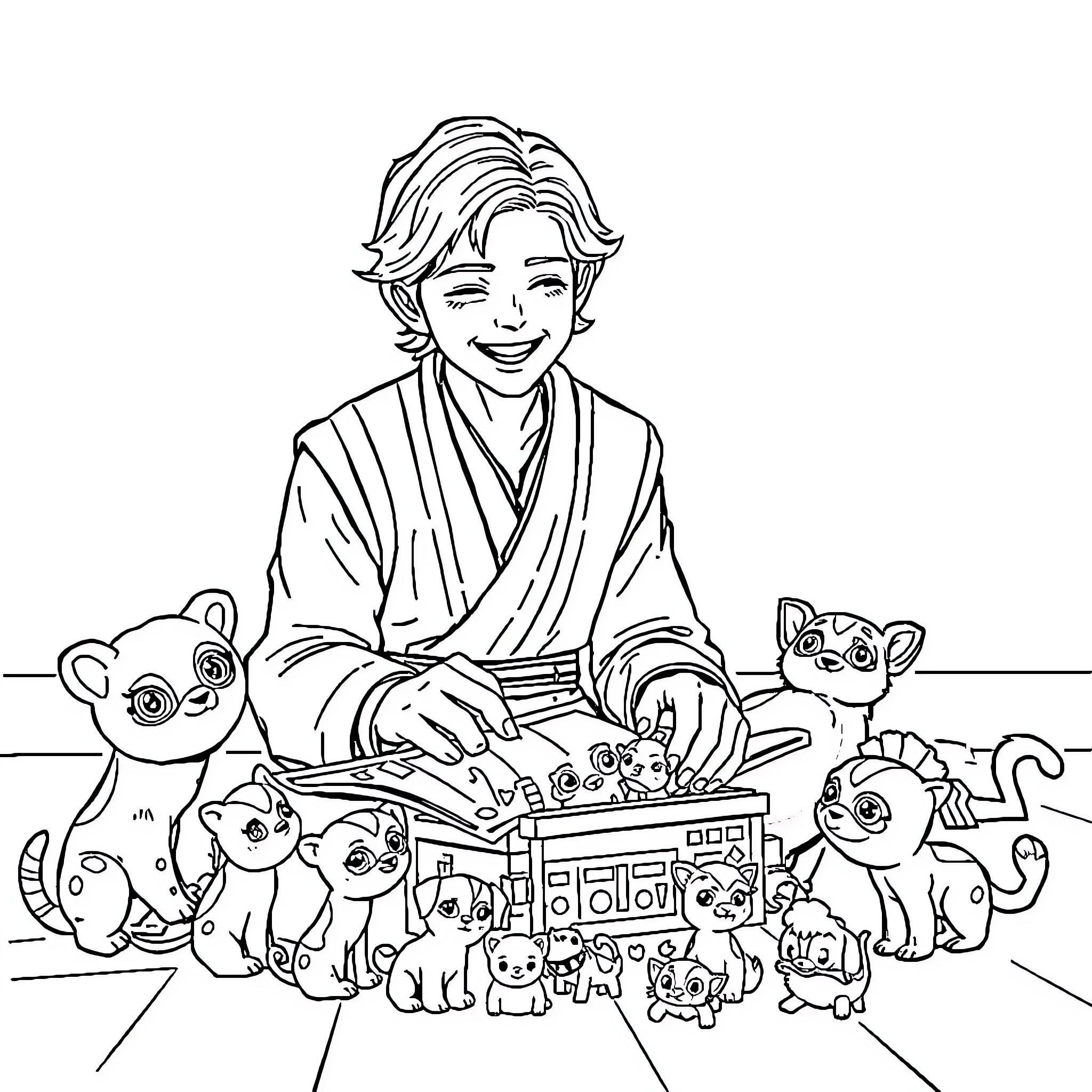Anakin Skywalker surrounded by adorable creatures Coloring Page (free black-and-white line drawing printable PDF for all, from beginners to advanced learners, including children, teens, adults, and seniors)