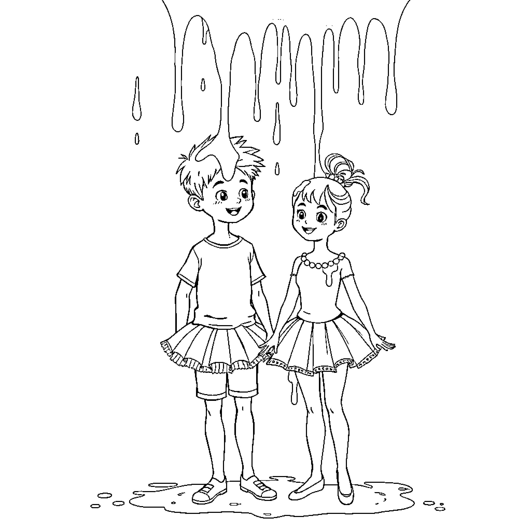 Ballerina boy and girl in dance pose Coloring Page (free black-and-white line drawing printable PDF for all, from beginners to advanced learners, including children, teens, adults, and seniors)
