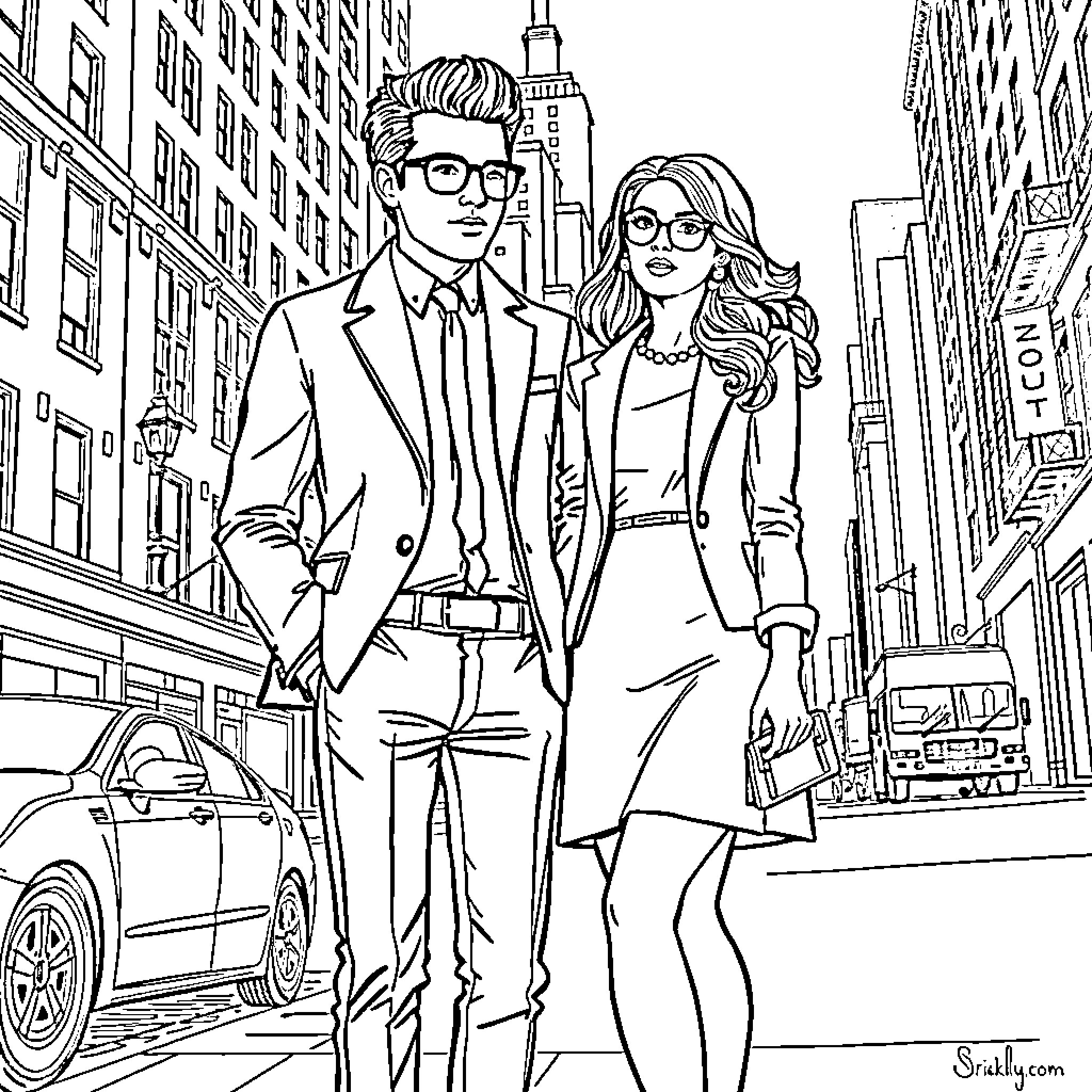 Chuck Bass and Companion Strolling Through the City Coloring Page (free black-and-white line drawing printable PDF for all, from beginners to advanced learners, including children, teens, adults, and seniors)
