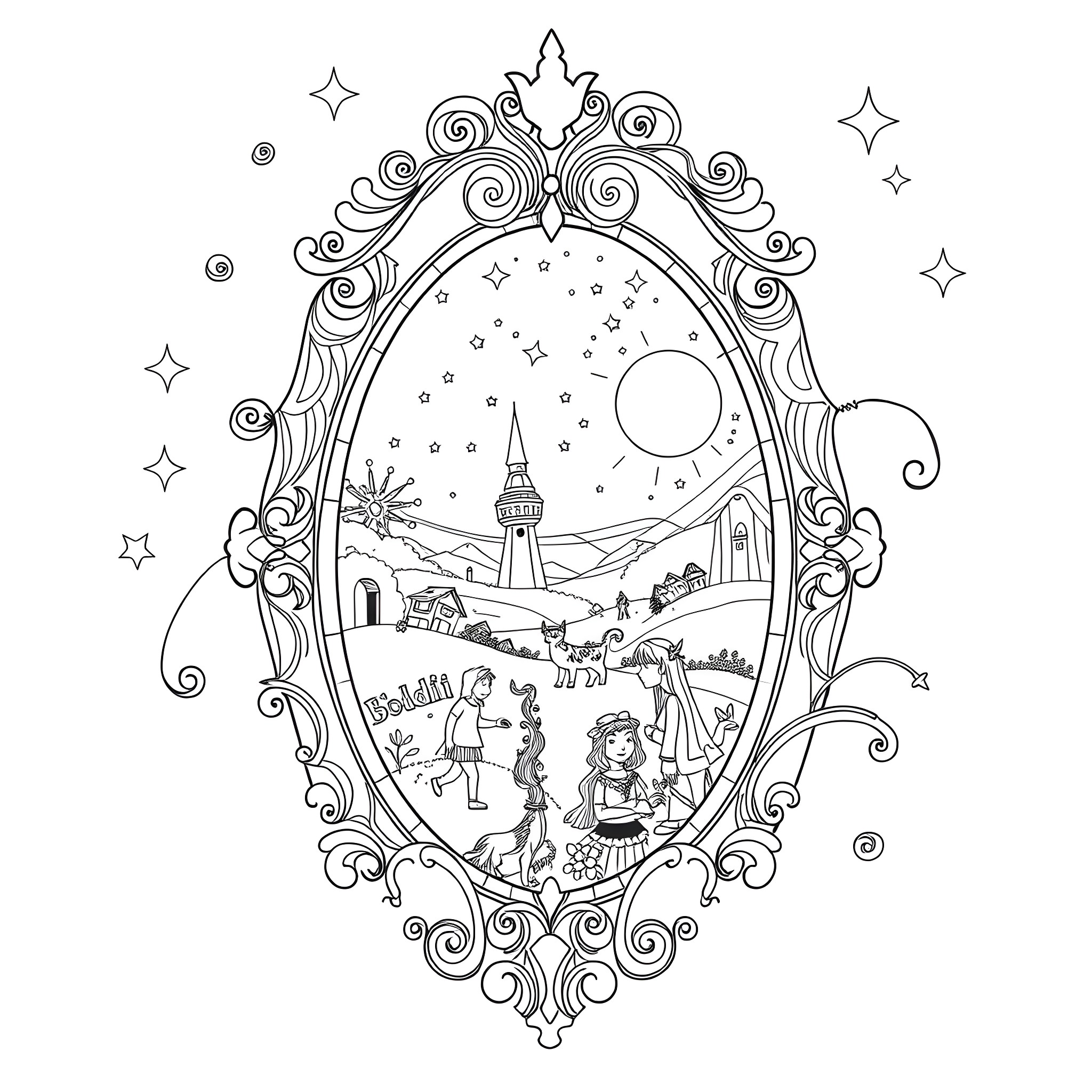 Magic Mirror Reflecting a Magical Landscape Coloring Page (free black-and-white line drawing printable PDF for all, from beginners to advanced learners, including children, teens, adults, and seniors)