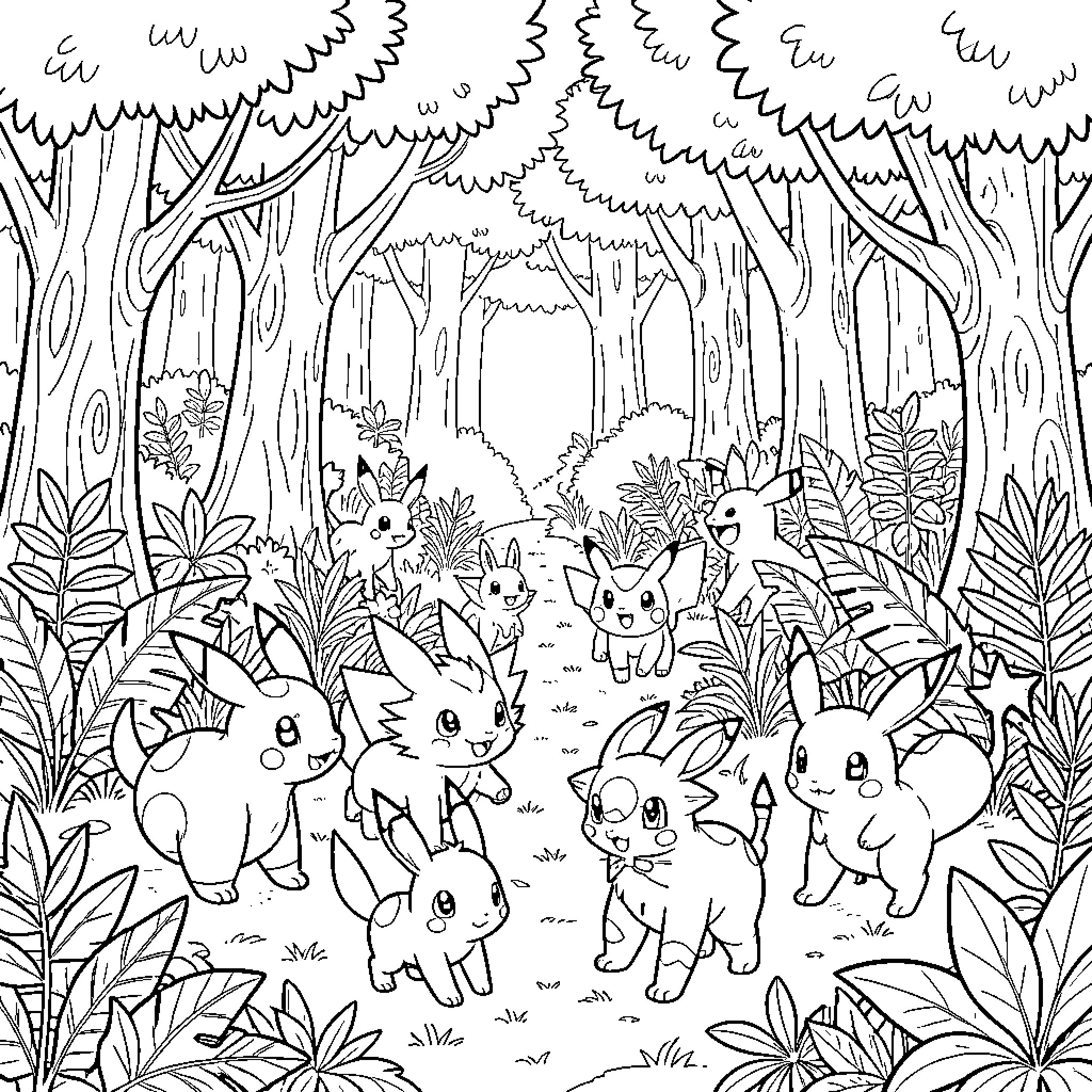 Pokémon playing together in a lush forest Coloring Page (free black-and-white line drawing printable PDF for all, from beginners to advanced learners, including children, teens, adults, and seniors)
