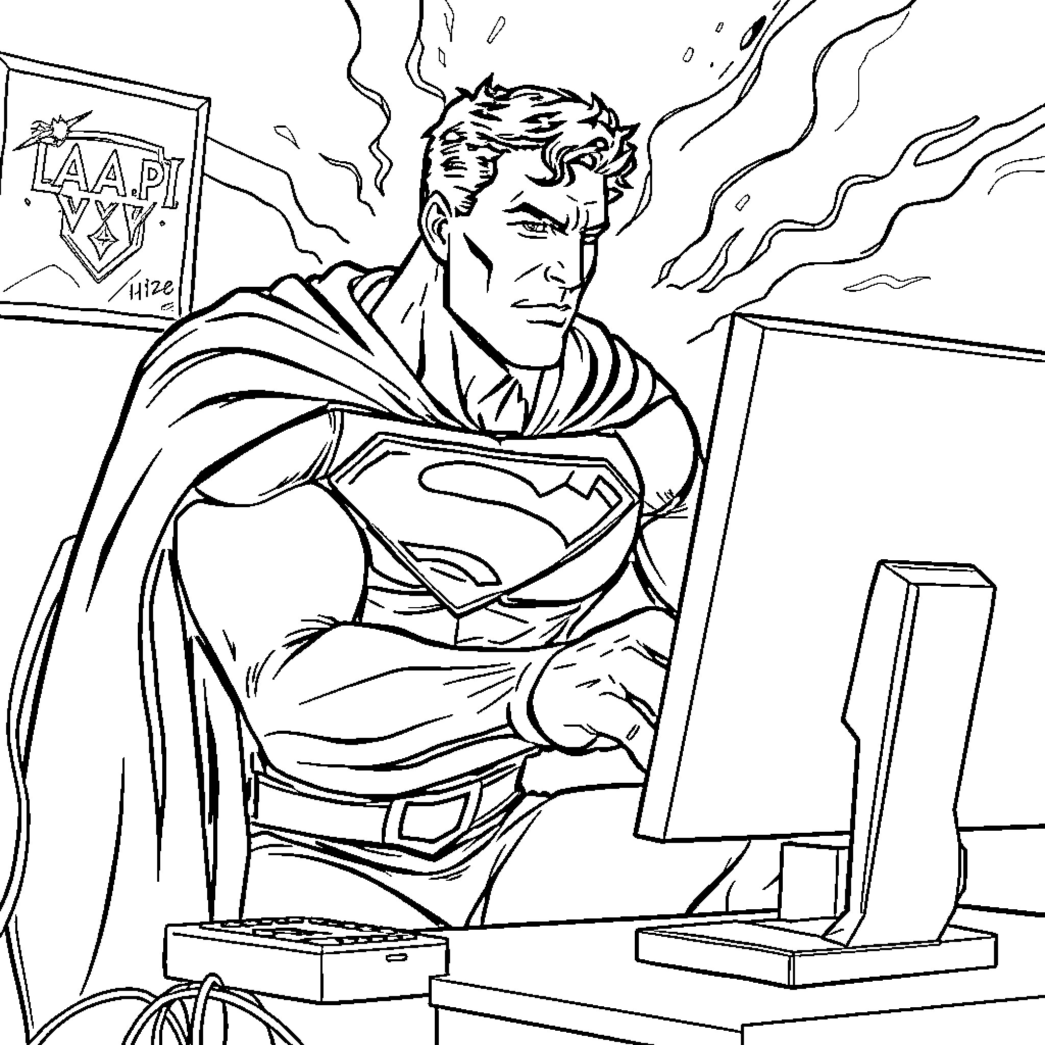 Superman in Action at the Computer Coloring Page (free black-and-white line drawing printable PDF for all, from beginners to advanced learners, including children, teens, adults, and seniors)