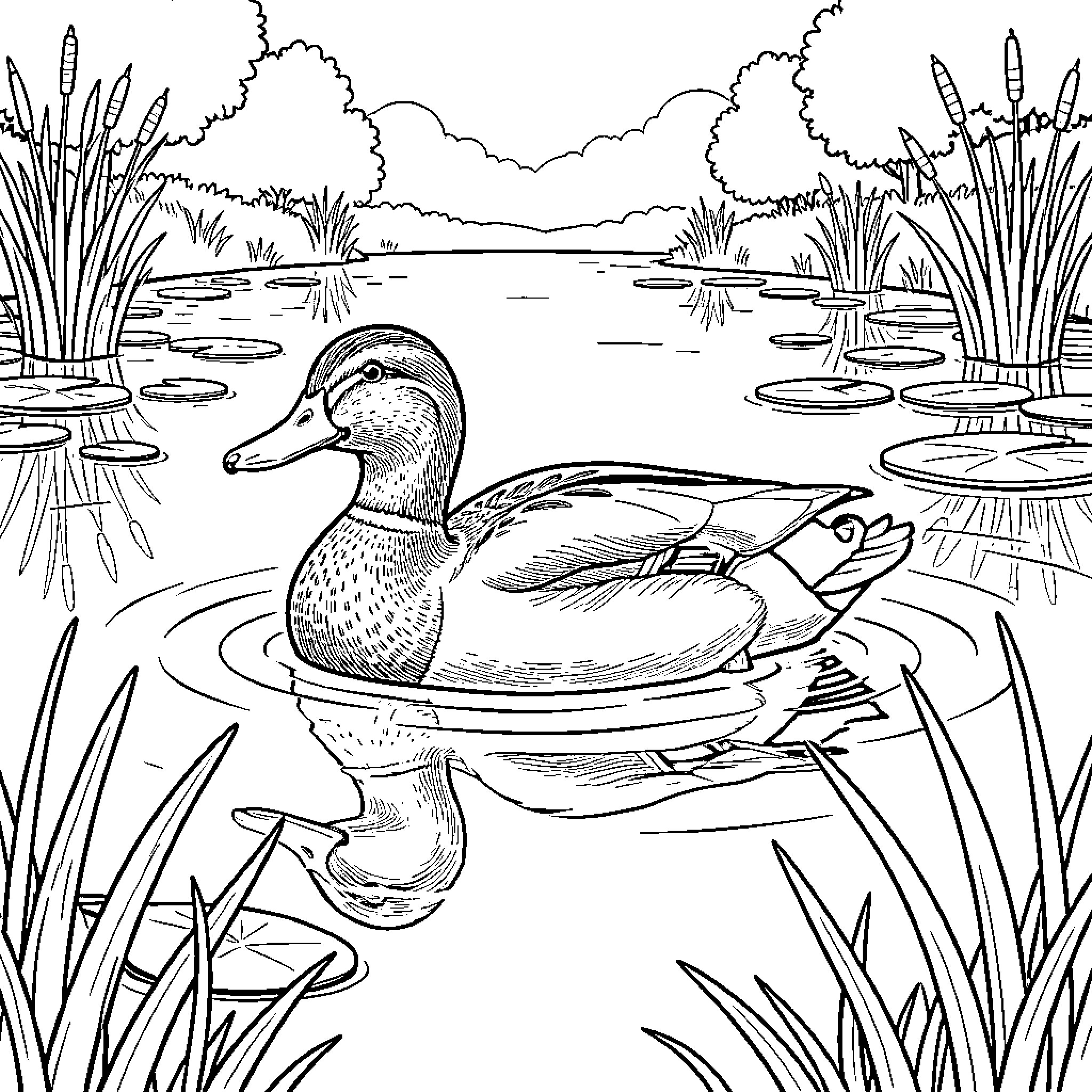 Mallard Duck floating peacefully on a quiet pond Coloring Page (free black-and-white line drawing printable PDF for all, from beginners to advanced learners, including children, teens, adults, and seniors)
