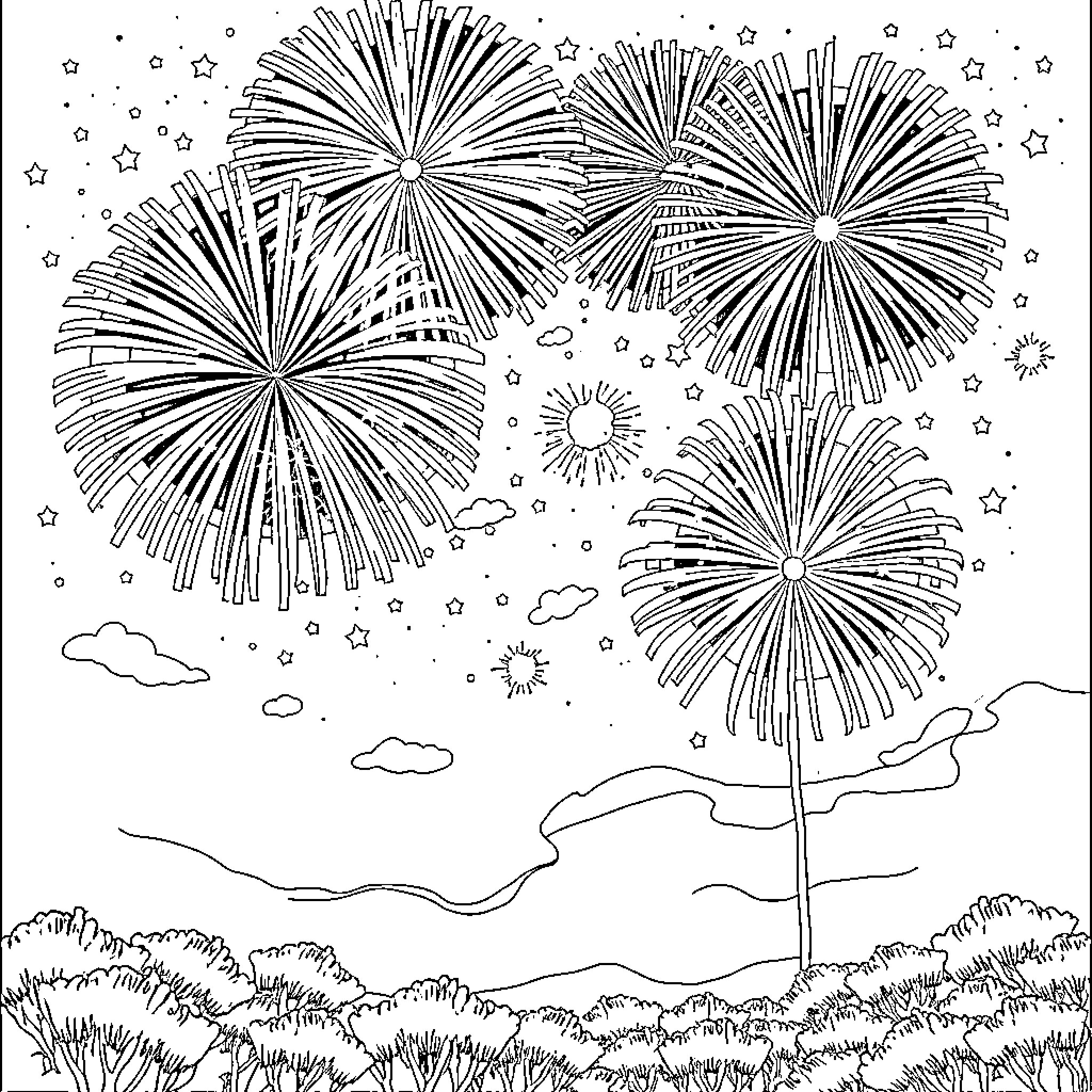 Firework display in the night sky Coloring Page (free black-and-white line drawing printable PDF for all, from beginners to advanced learners, including children, teens, adults, and seniors)