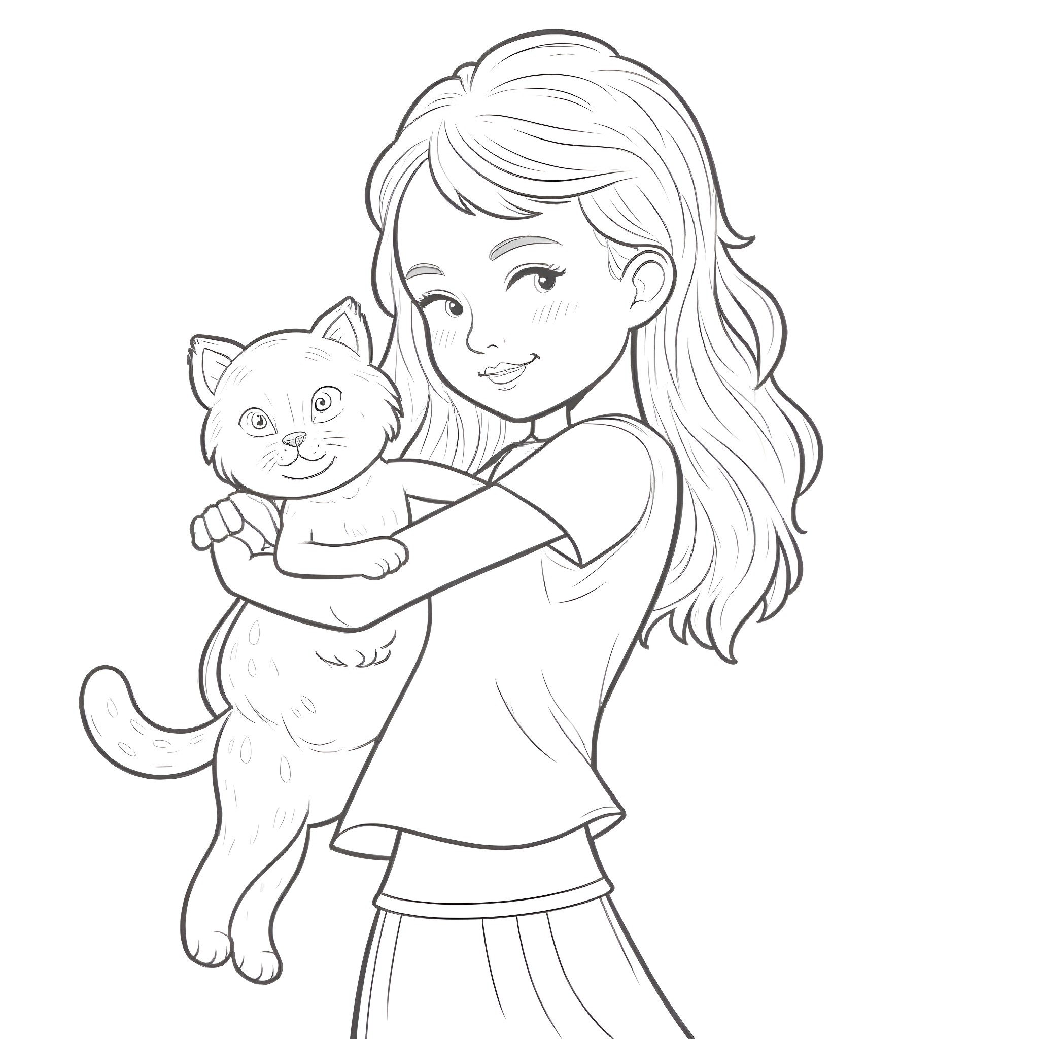 Girl hugging a cute kitty Coloring Page (free black-and-white line drawing printable PDF for all, from beginners to advanced learners, including children, teens, adults, and seniors)