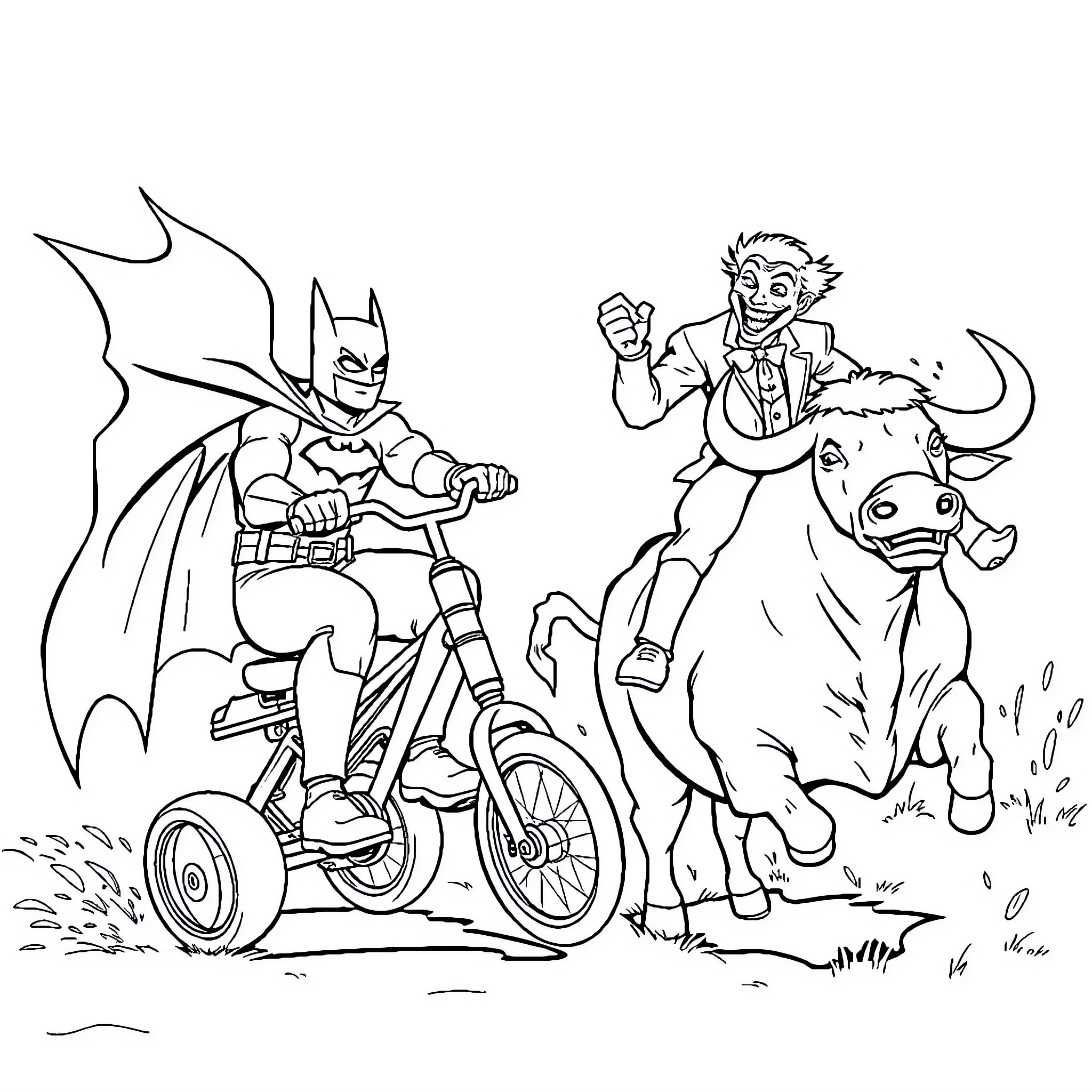Batman riding a motorcycle, facing off against Joker on a cow Coloring Page (free black-and-white line drawing printable PDF for all, from beginners to advanced learners, including children, teens, adults, and seniors)