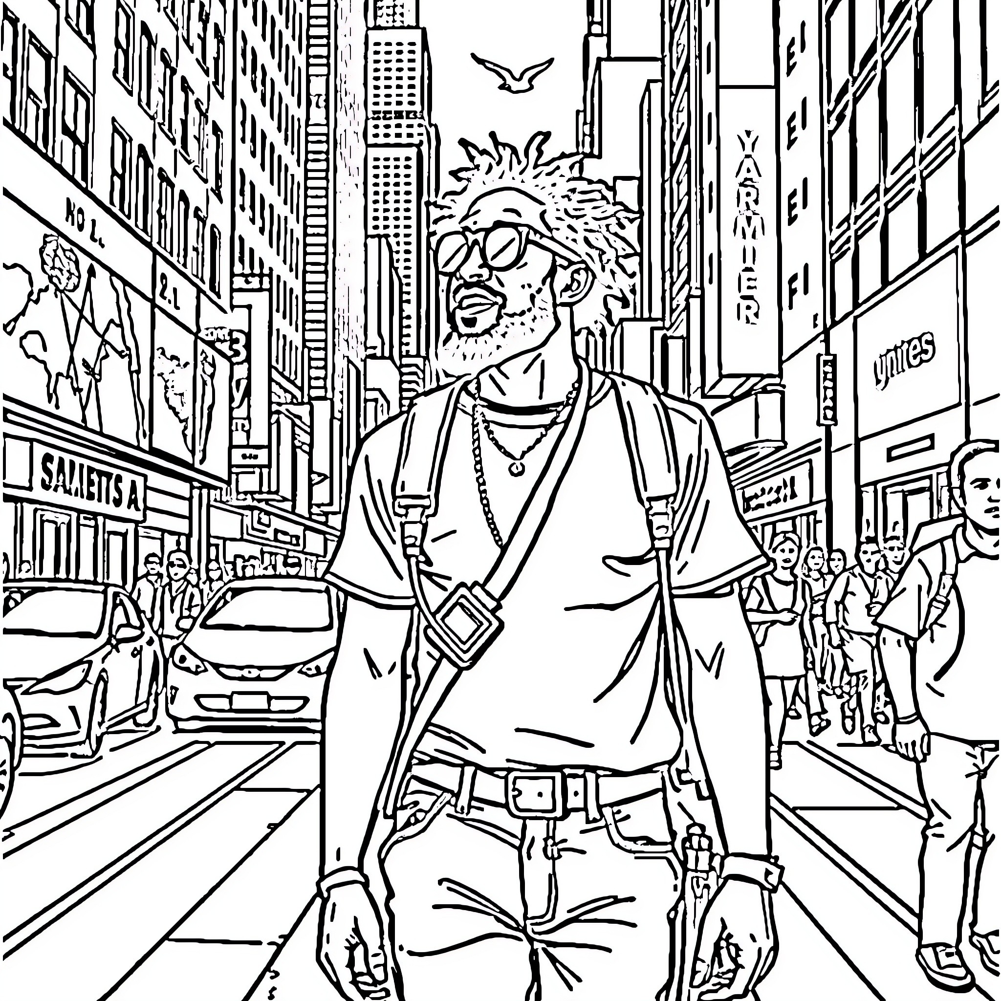 Jamaican man exploring vibrant city streets Coloring Page (free black-and-white line drawing printable PDF for all, from beginners to advanced learners, including children, teens, adults, and seniors)