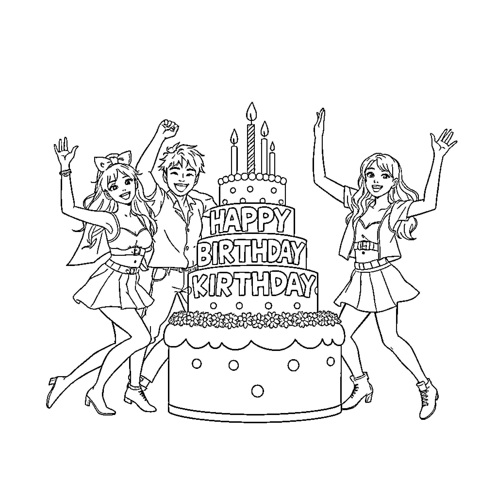 K Pop Celebrating Happy Birthday with Enthusiasm Coloring Page (free black-and-white line drawing printable PDF for all, from beginners to advanced learners, including children, teens, adults, and seniors)