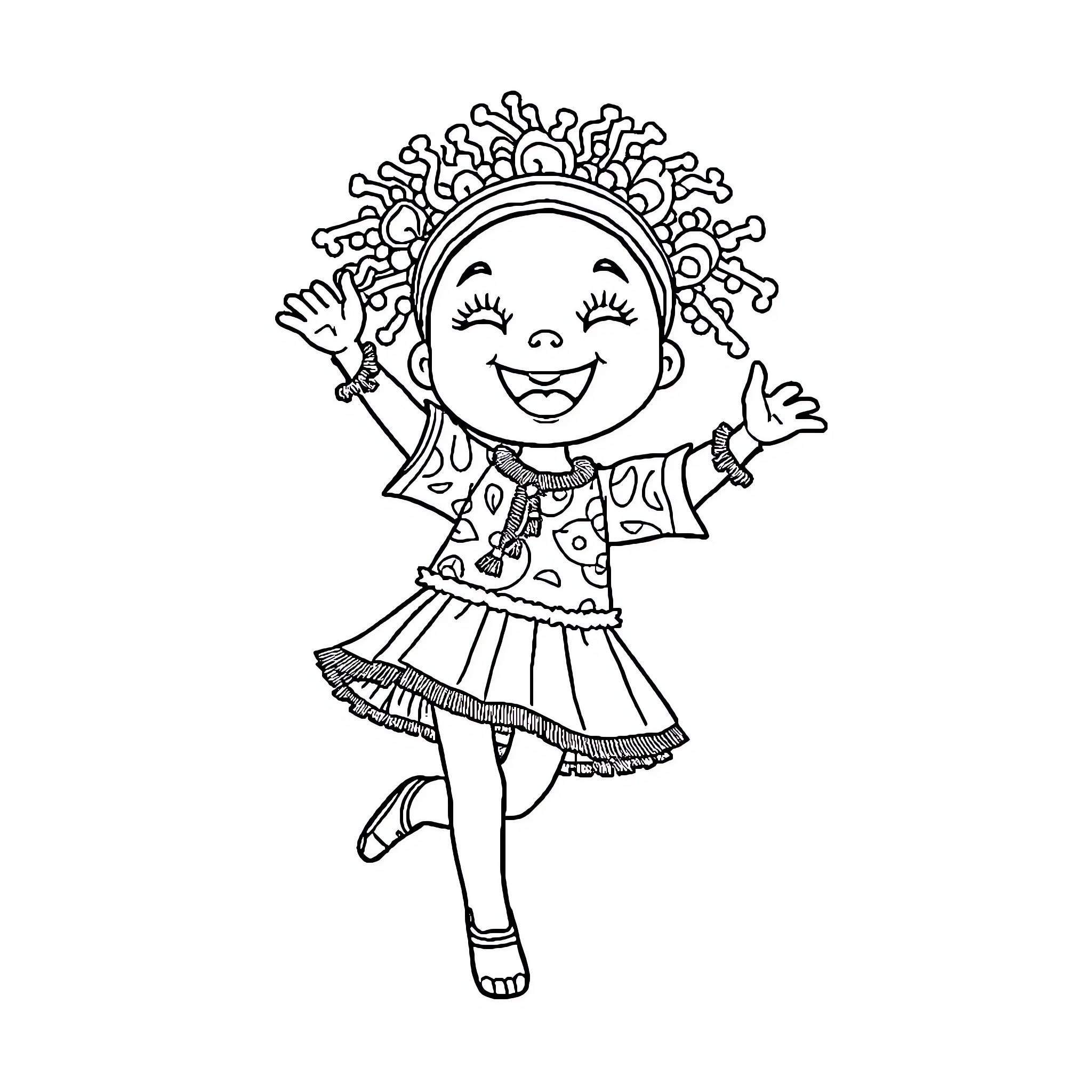 Labubu's Joyful Dance Coloring Page (free black-and-white line drawing printable PDF for all, from beginners to advanced learners, including children, teens, adults, and seniors)