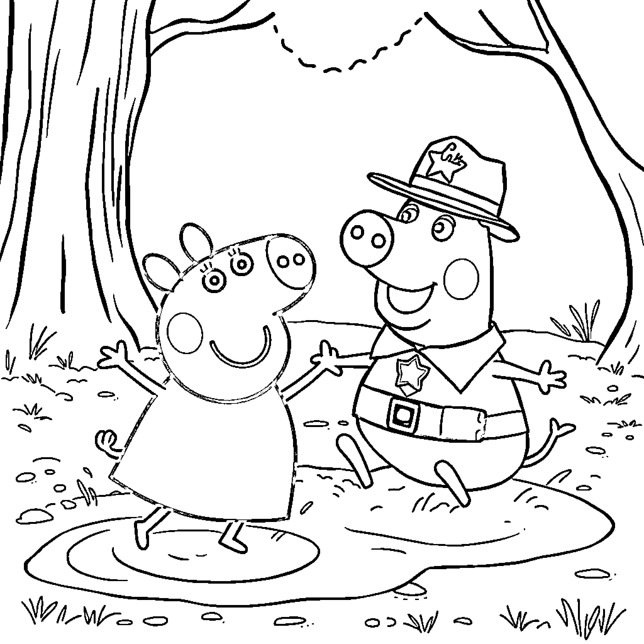 Peppa Pig and Daddy Pig in Forest Adventure Coloring Page (free black-and-white line drawing printable PDF for all, from beginners to advanced learners, including children, teens, adults, and seniors)