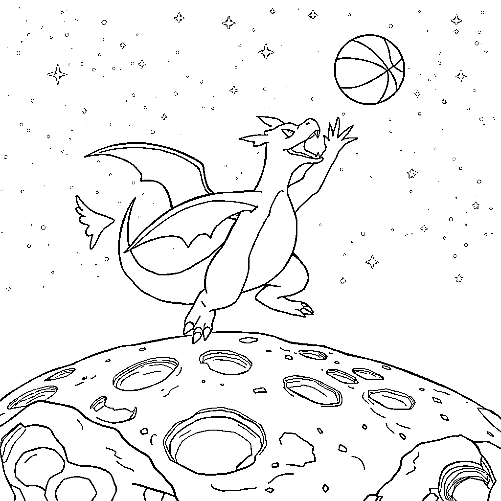 Charizard roaring in the starry night sky Coloring Page (free black-and-white line drawing printable PDF for all, from beginners to advanced learners, including children, teens, adults, and seniors)
