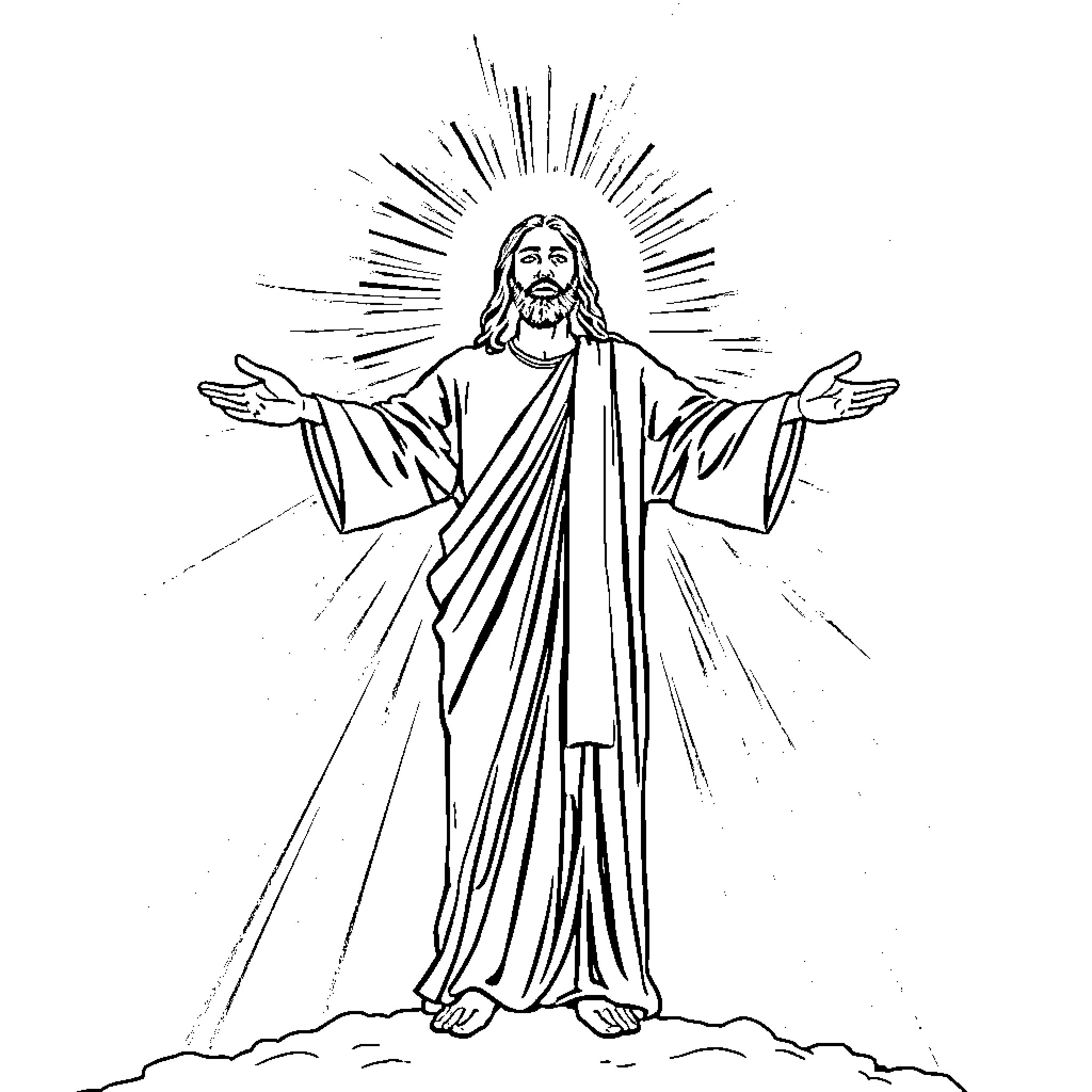 Jesus in Glorified Splendor Coloring Page (free black-and-white line drawing printable PDF for all, from beginners to advanced learners, including children, teens, adults, and seniors)