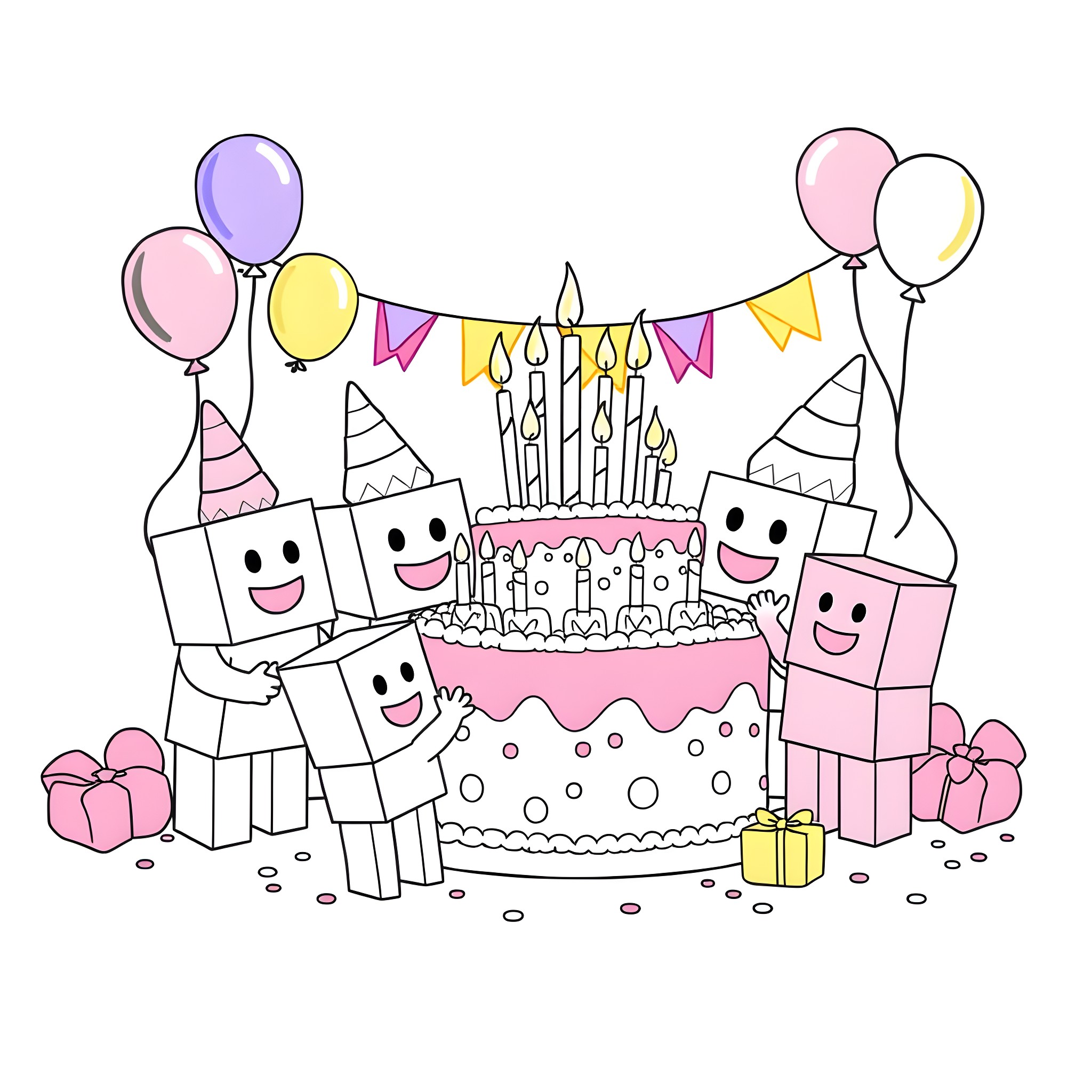 Number Block Birthday Party Celebration Coloring Page (free black-and-white line drawing printable PDF for all, from beginners to advanced learners, including children, teens, adults, and seniors)