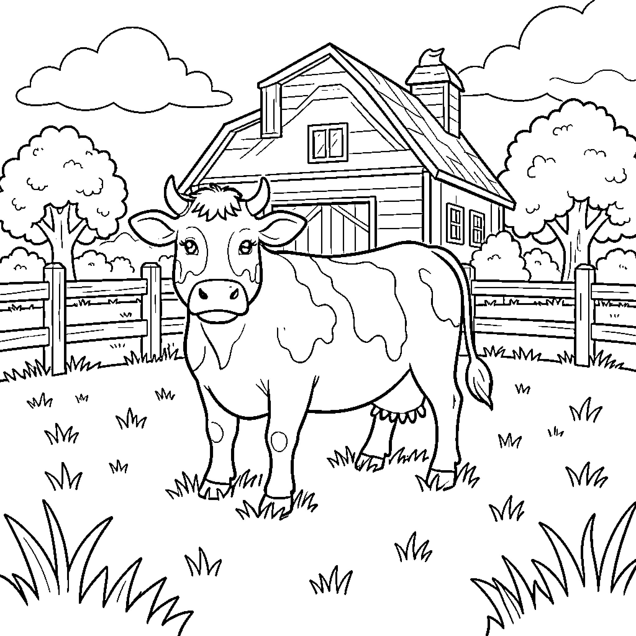 Cow standing peacefully in a farm pasture Coloring Page (free black-and-white line drawing printable PDF for all, from beginners to advanced learners, including children, teens, adults, and seniors)