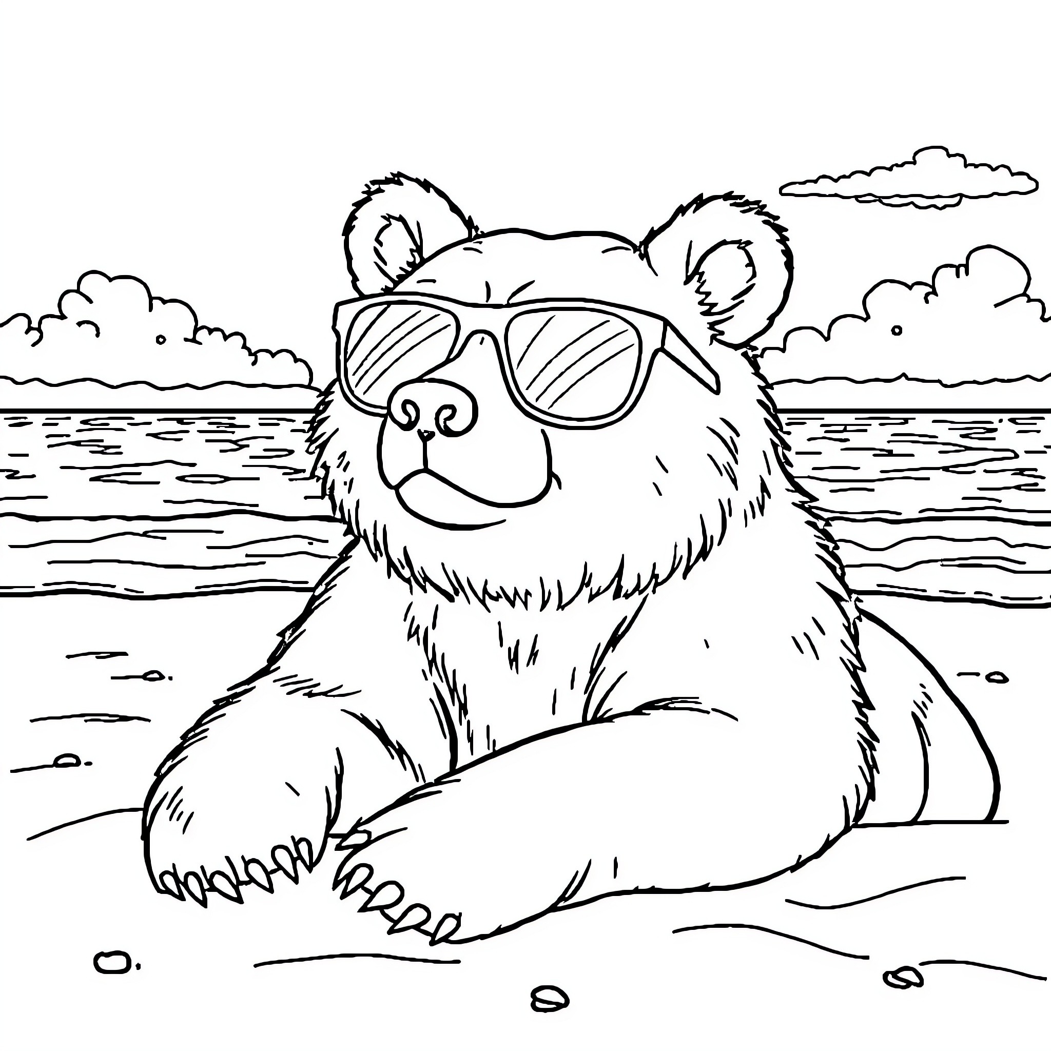 Bear relaxing on the beach with sunglasses Coloring Page (free black-and-white line drawing printable PDF for all, from beginners to advanced learners, including children, teens, adults, and seniors)