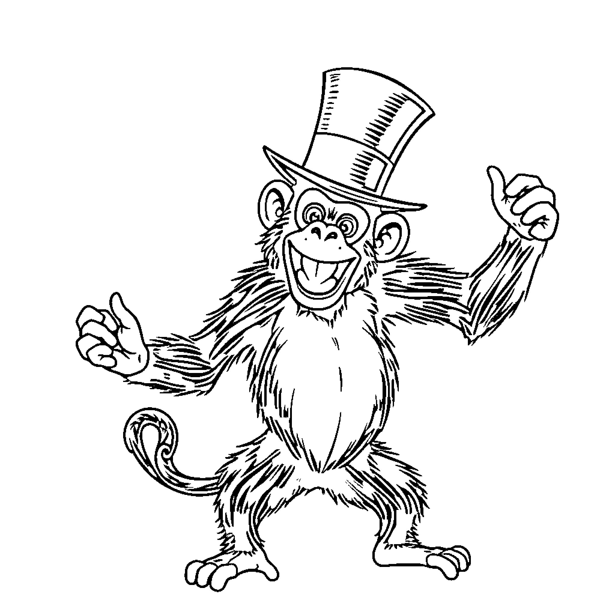 Monkey wearing top hat gesturing happily Coloring Page (free black-and-white line drawing printable PDF for all, from beginners to advanced learners, including children, teens, adults, and seniors)