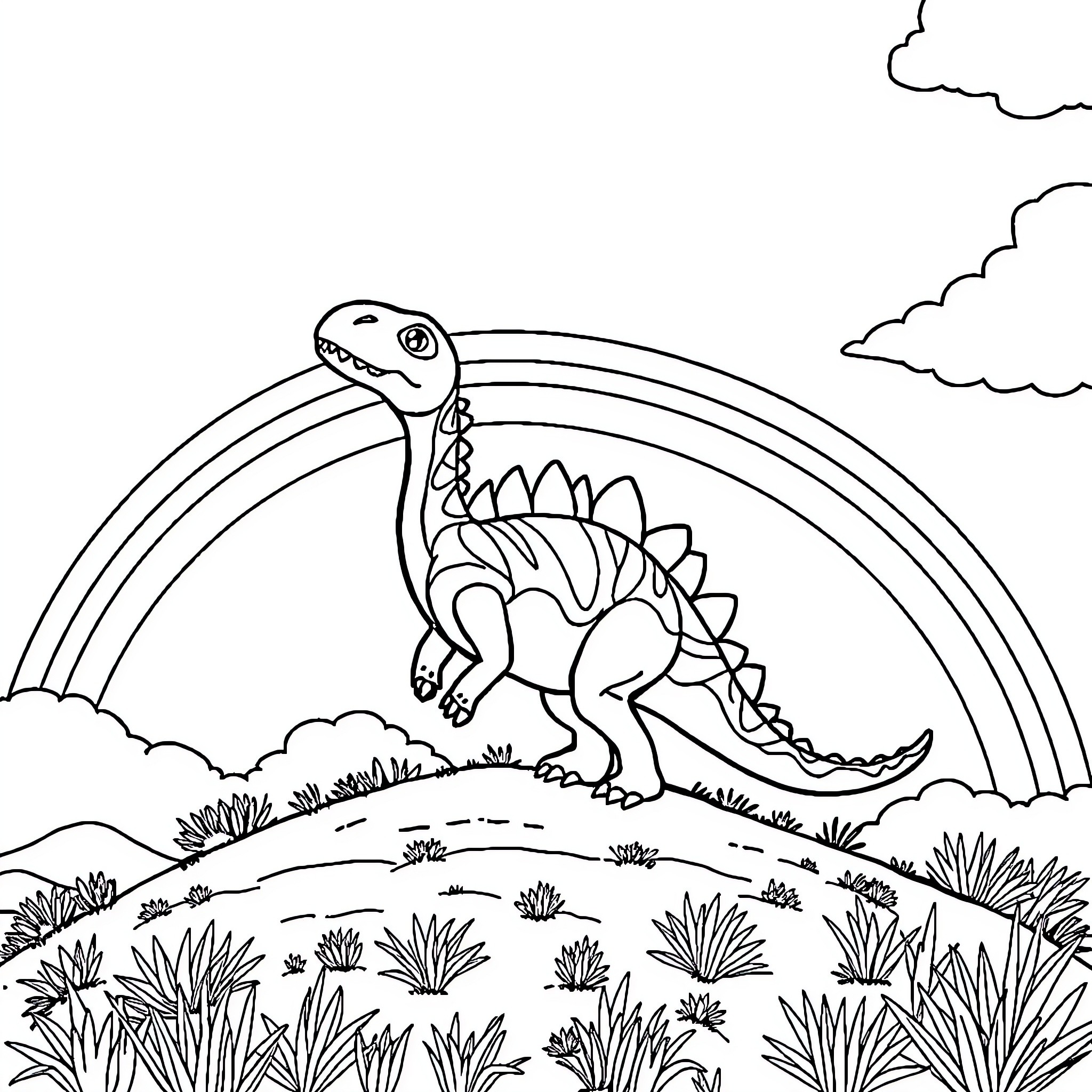 Dinosaur exploring a lush, grassy landscape with a rainbow Coloring Page (free black-and-white line drawing printable PDF for all, from beginners to advanced learners, including children, teens, adults, and seniors)