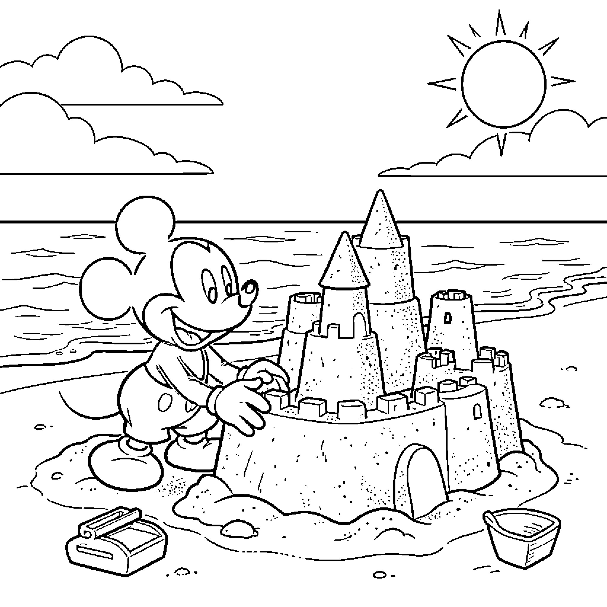 Mickey Mouse building a large sandcastle on the beach Coloring Page (free black-and-white line drawing printable PDF for all, from beginners to advanced learners, including children, teens, adults, and seniors)