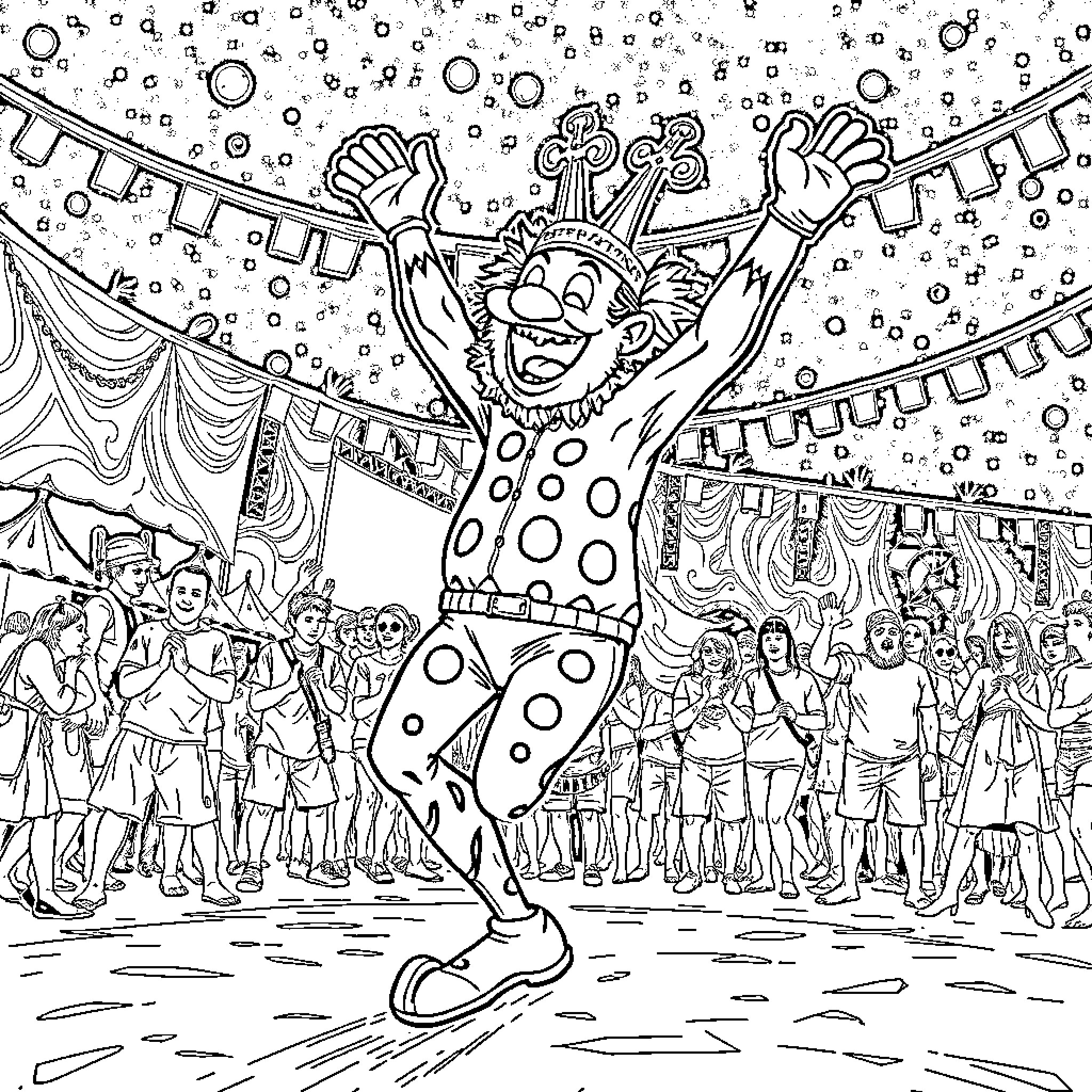 Schtroumpf Carnival Celebration with Clown Performer Coloring Page (free black-and-white line drawing printable PDF for all, from beginners to advanced learners, including children, teens, adults, and seniors)
