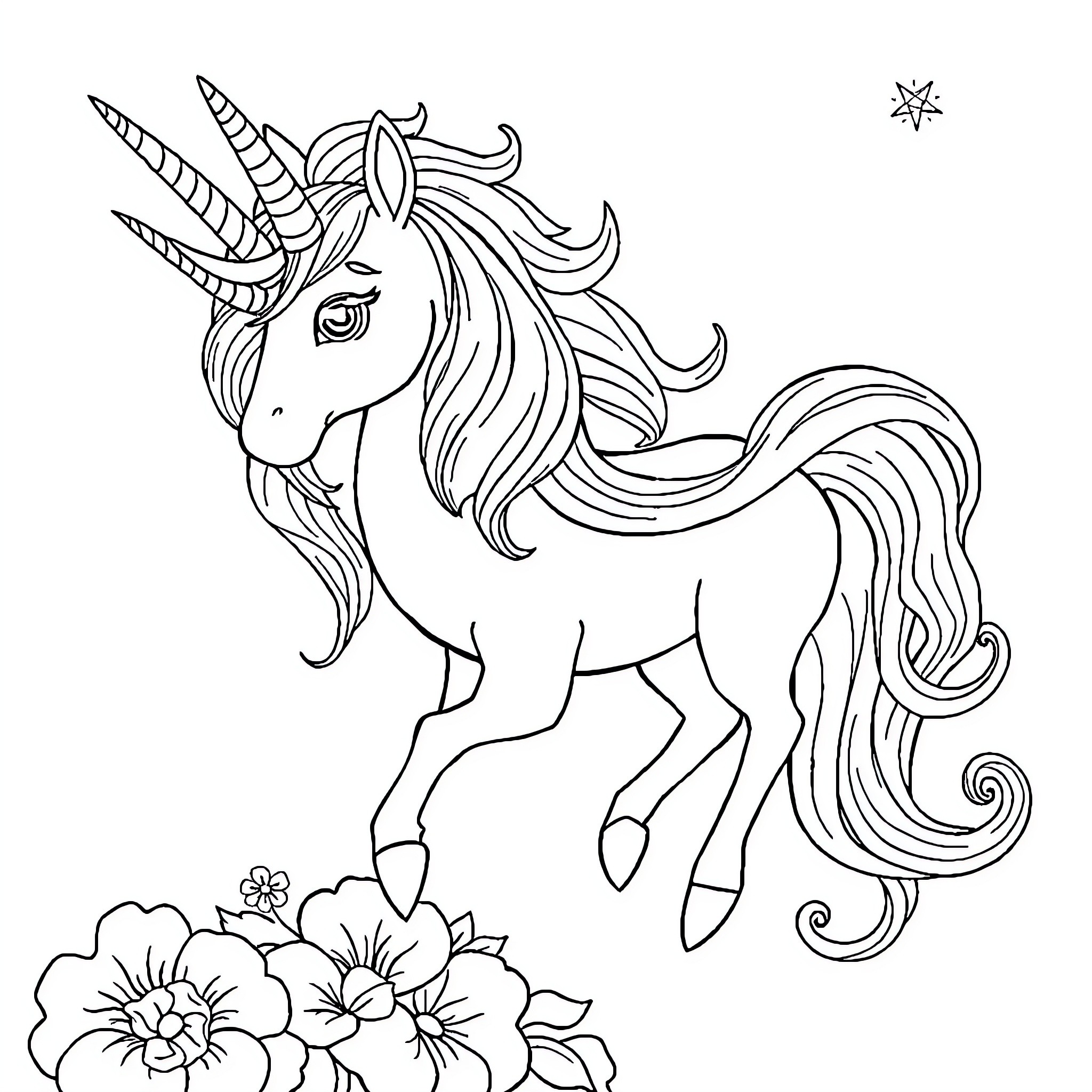 Licorne dancing gracefully with floral elements Coloring Page (free black-and-white line drawing printable PDF for all, from beginners to advanced learners, including children, teens, adults, and seniors)