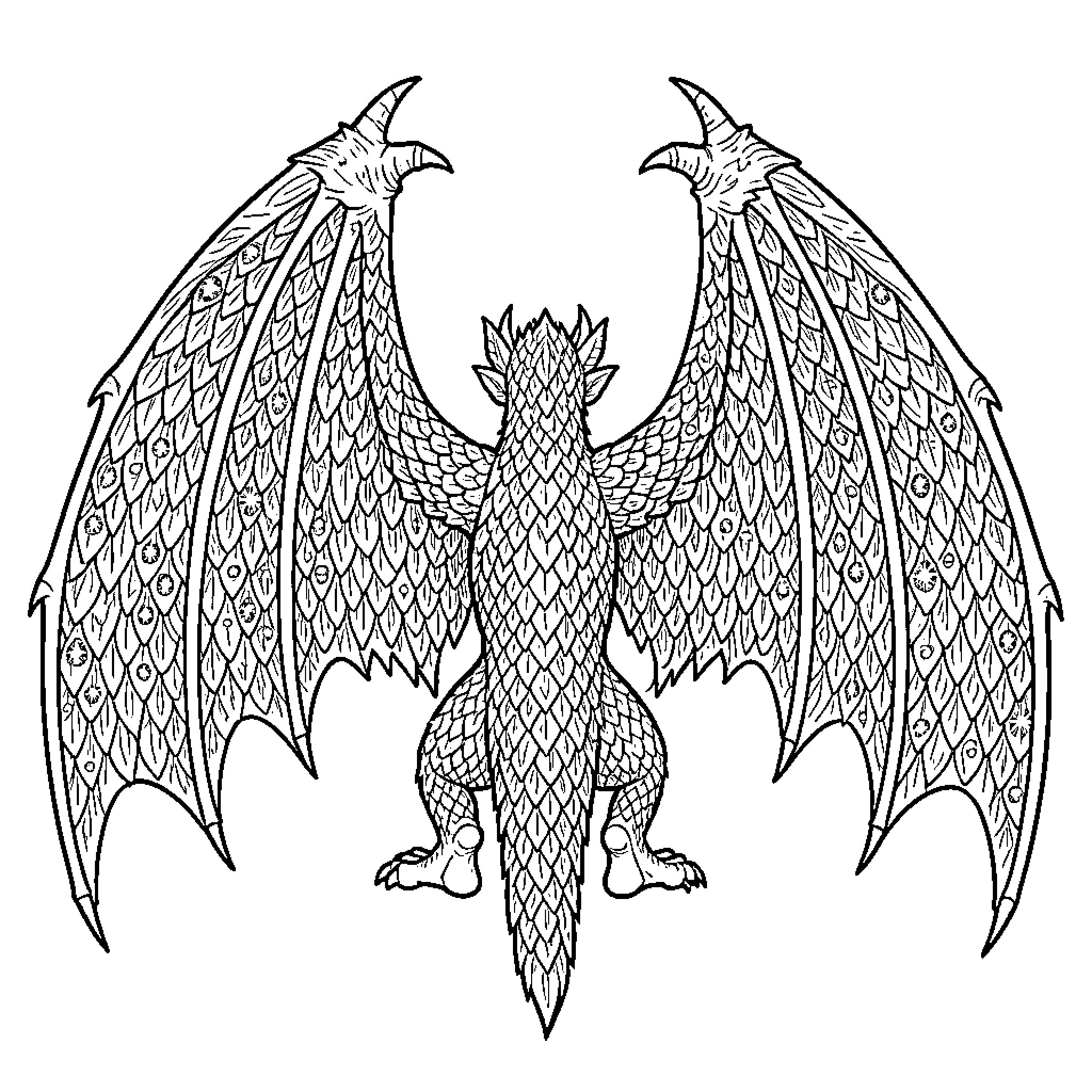 Dragon spreading its majestic wings Coloring Page (free black-and-white line drawing printable PDF for all, from beginners to advanced learners, including children, teens, adults, and seniors)