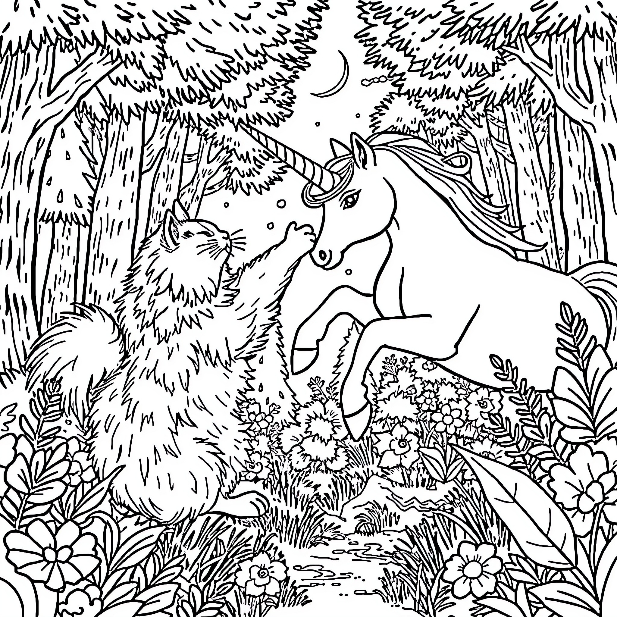 Cat Exploring Enchanted Unicorn Forest Coloring Page (free black-and-white line drawing printable PDF for all, from beginners to advanced learners, including children, teens, adults, and seniors)