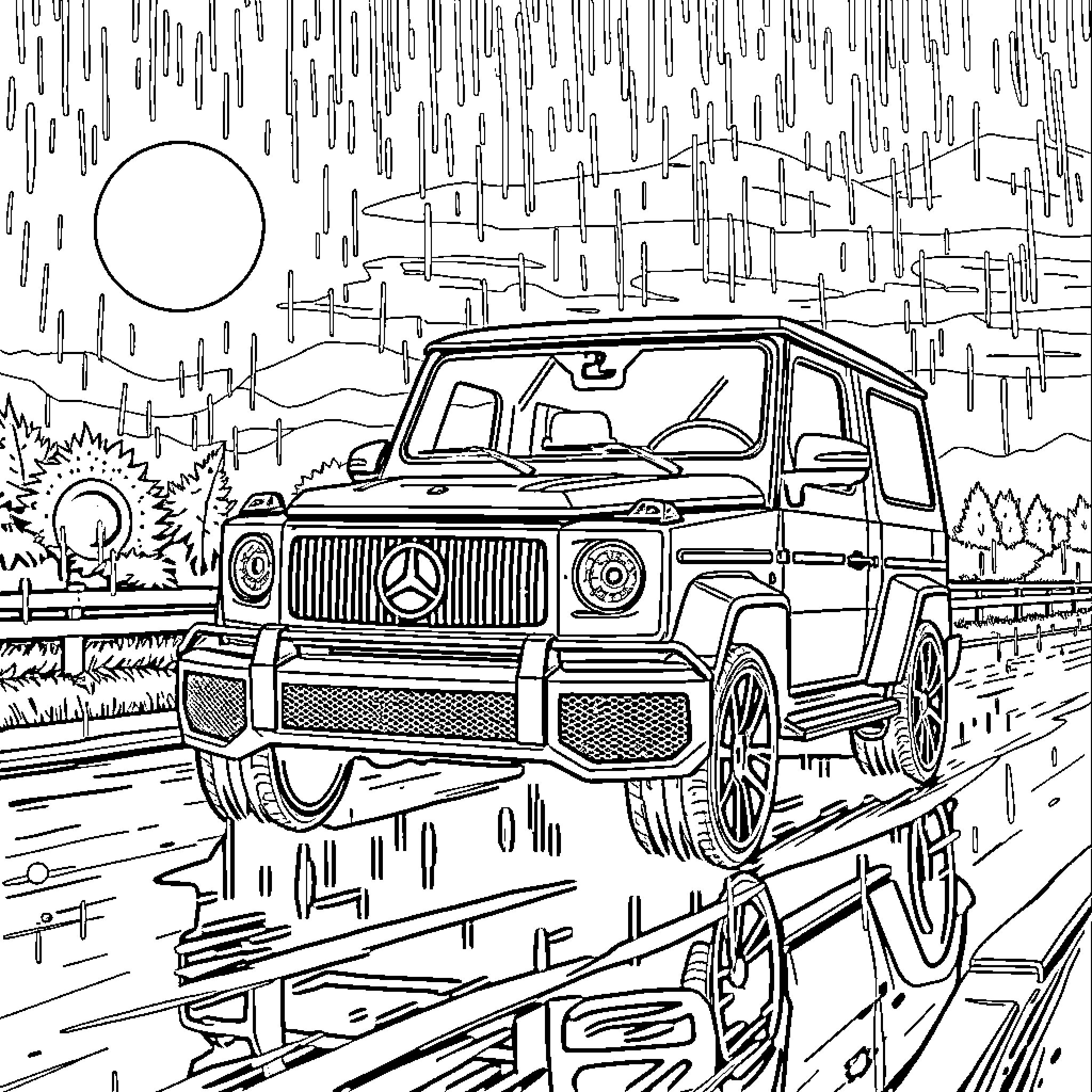 Mercedes SUV navigating through rainy landscape Coloring Page (free black-and-white line drawing printable PDF for all, from beginners to advanced learners, including children, teens, adults, and seniors)