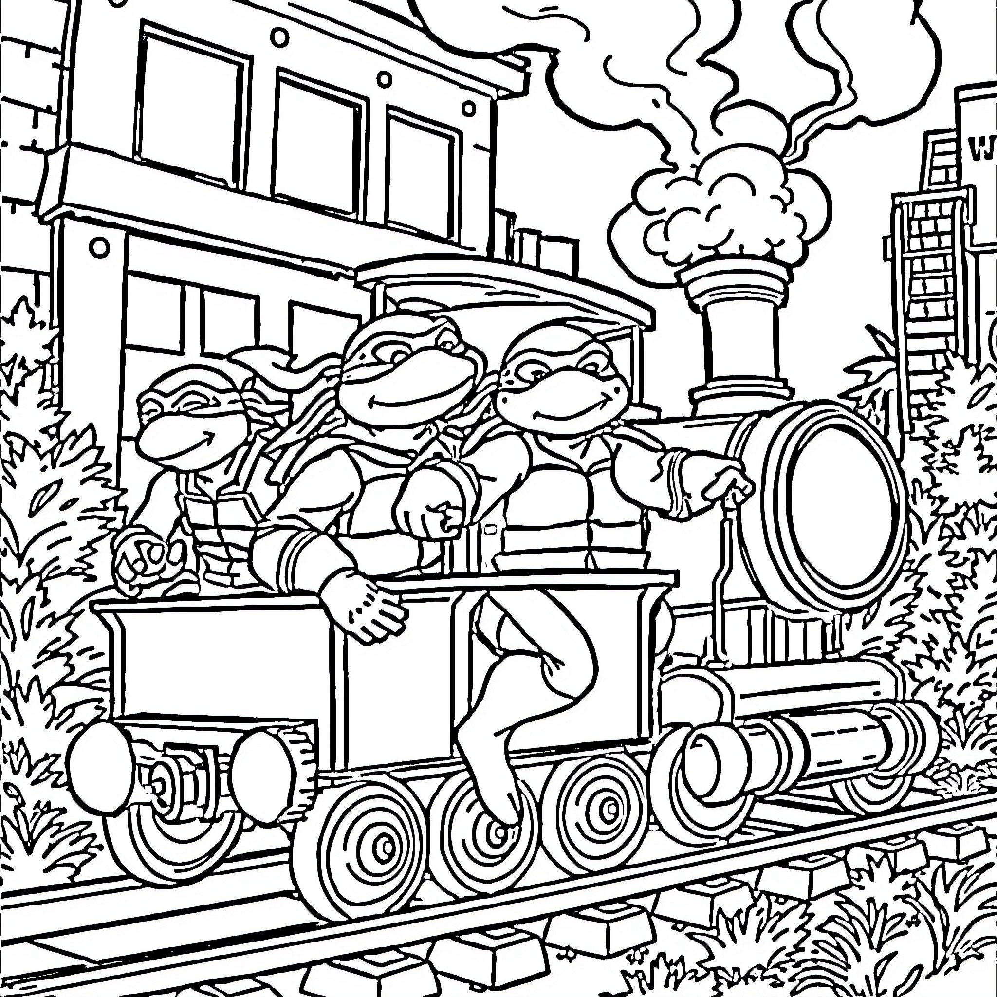Teenage Mutant Ninja Turtles riding a train through the city Coloring Page (free black-and-white line drawing printable PDF for all, from beginners to advanced learners, including children, teens, adults, and seniors)