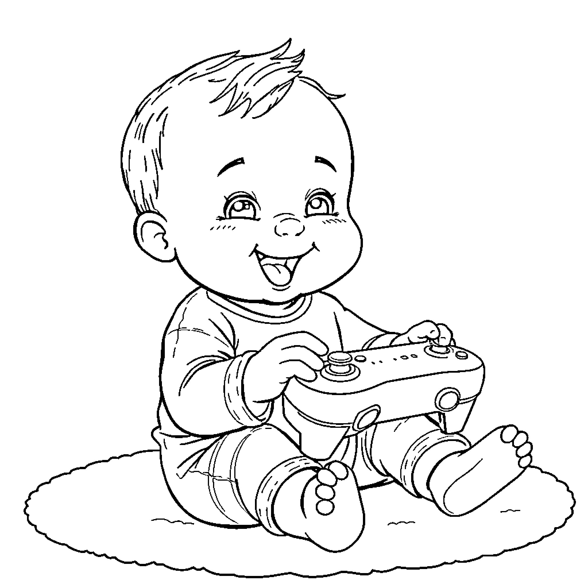 Baby Boy Playing with Game Controller Coloring Page (free black-and-white line drawing printable PDF for all, from beginners to advanced learners, including children, teens, adults, and seniors)