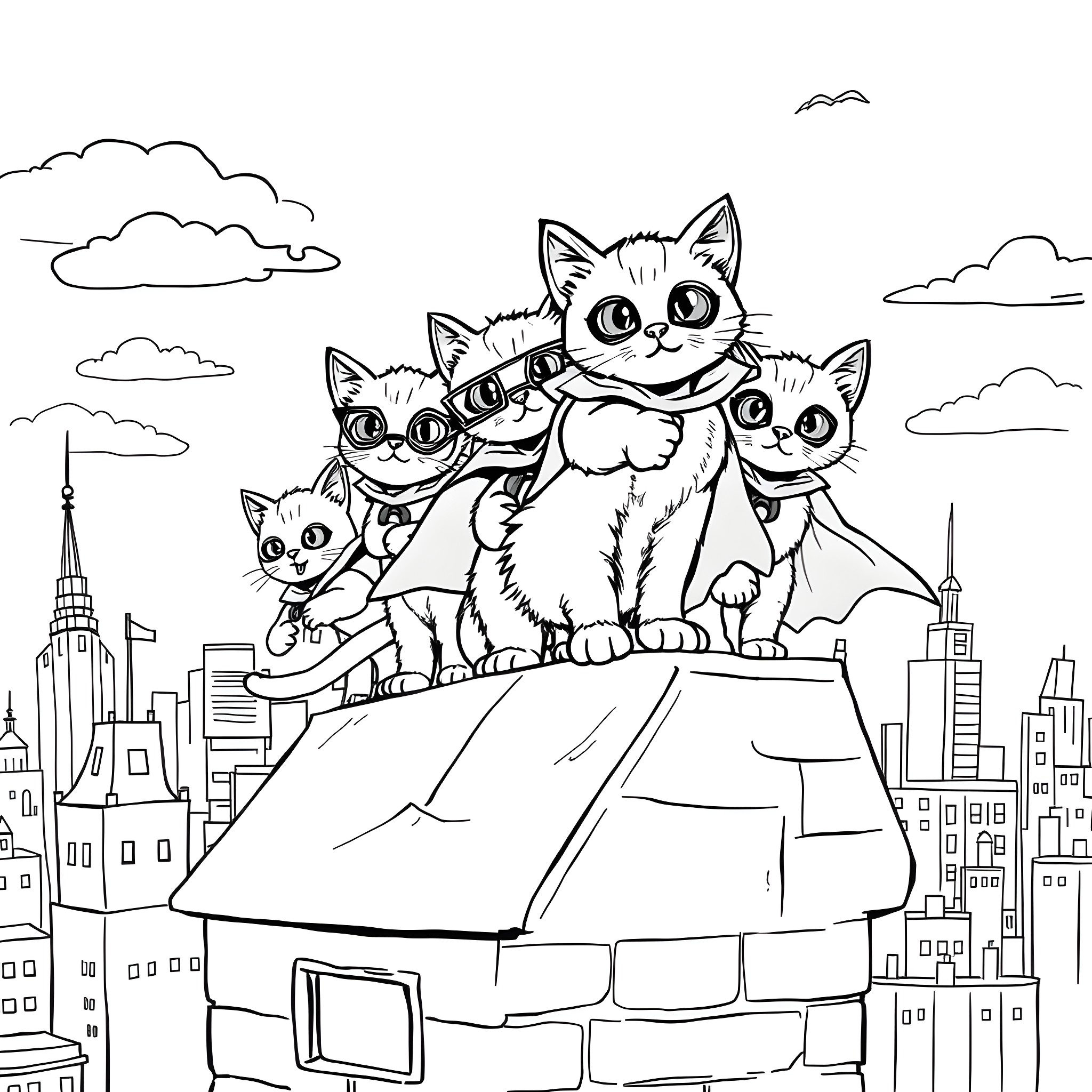 Superkitties Saving the Day in the City Coloring Page (free black-and-white line drawing printable PDF for all, from beginners to advanced learners, including children, teens, adults, and seniors)