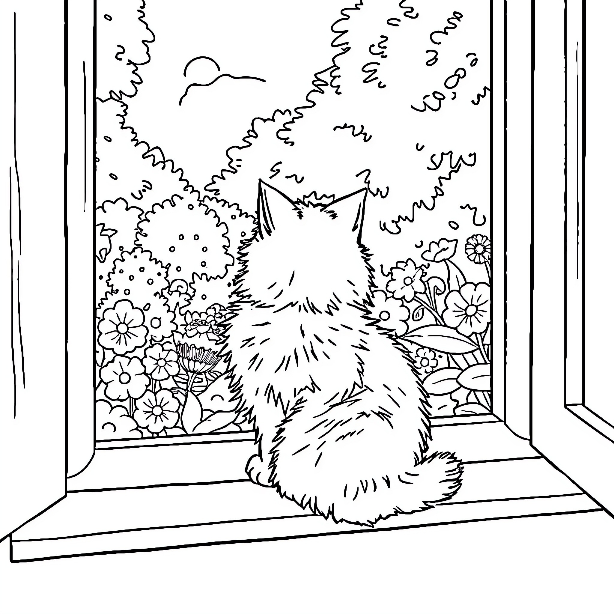 Cat gazing out the window at nature Coloring Page (free black-and-white line drawing printable PDF for all, from beginners to advanced learners, including children, teens, adults, and seniors)