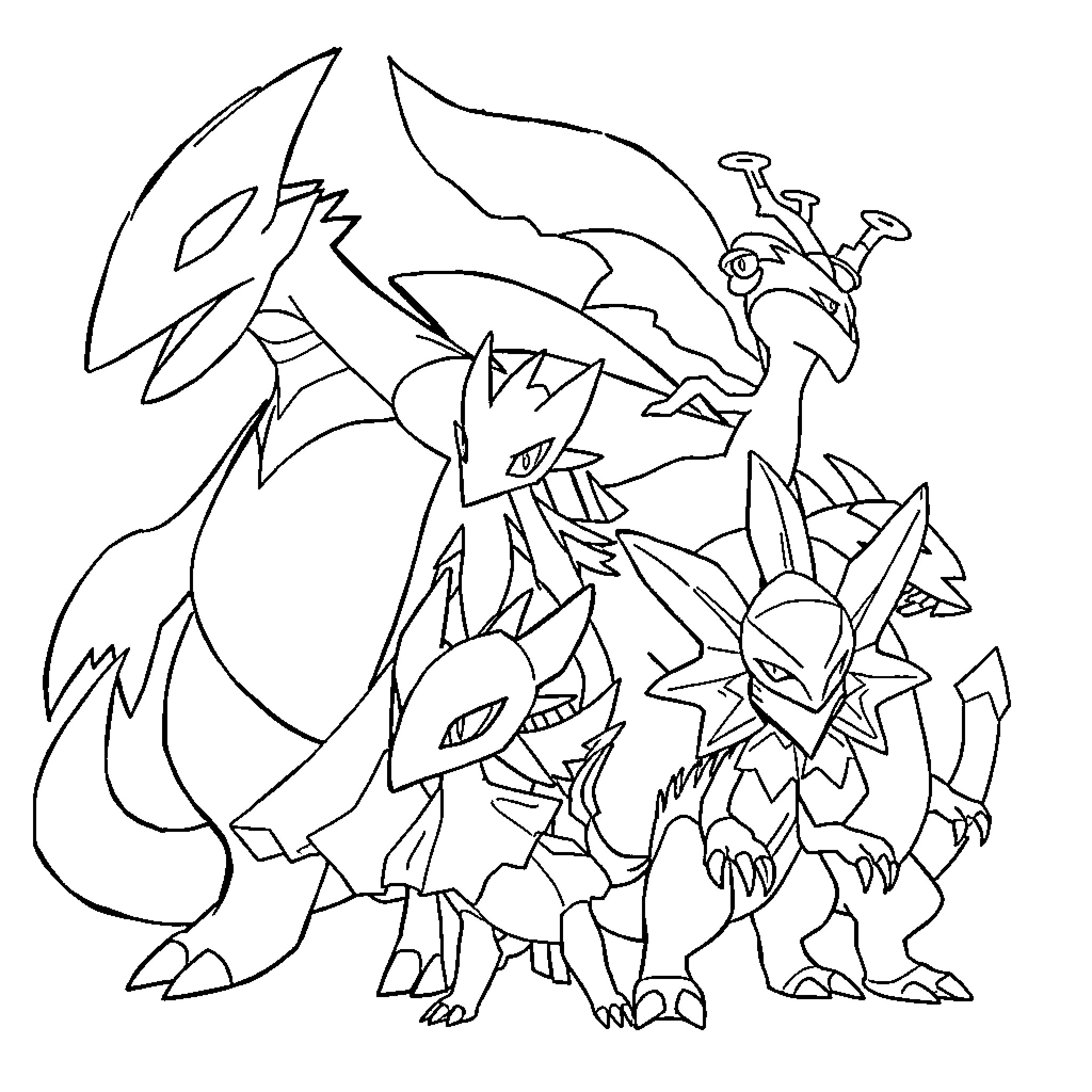 Pokémon Legendary Beasts Gathering Coloring Page (free black-and-white line drawing printable PDF for all, from beginners to advanced learners, including children, teens, adults, and seniors)
