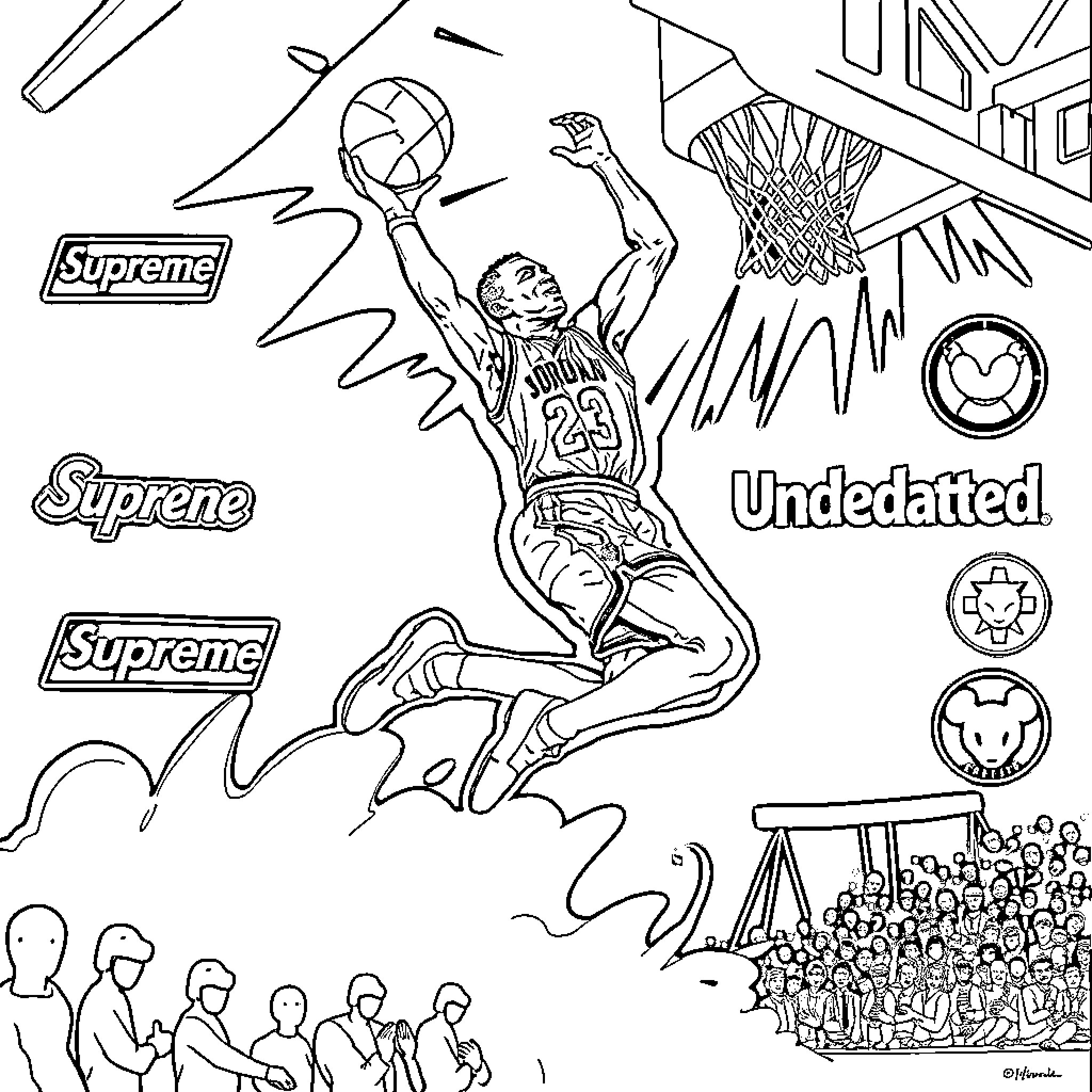Michael Jordan's Slam Dunk Basketball Showcase Coloring Page (free black-and-white line drawing printable PDF for all, from beginners to advanced learners, including children, teens, adults, and seniors)
