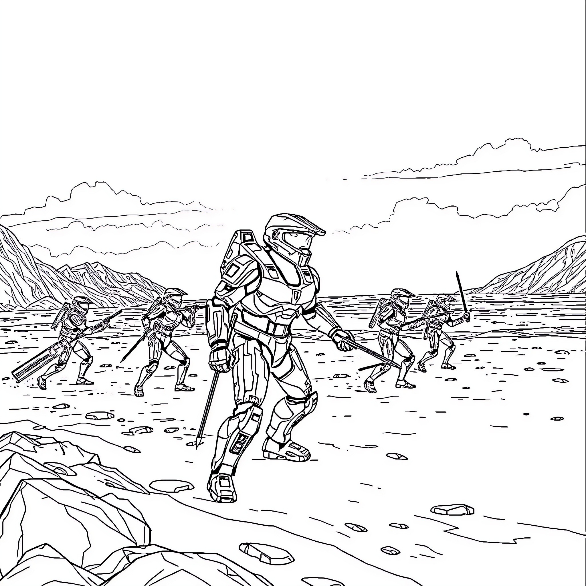 Halo Soldiers Advancing on Alien Terrain Coloring Page (free black-and-white line drawing printable PDF for all, from beginners to advanced learners, including children, teens, adults, and seniors)