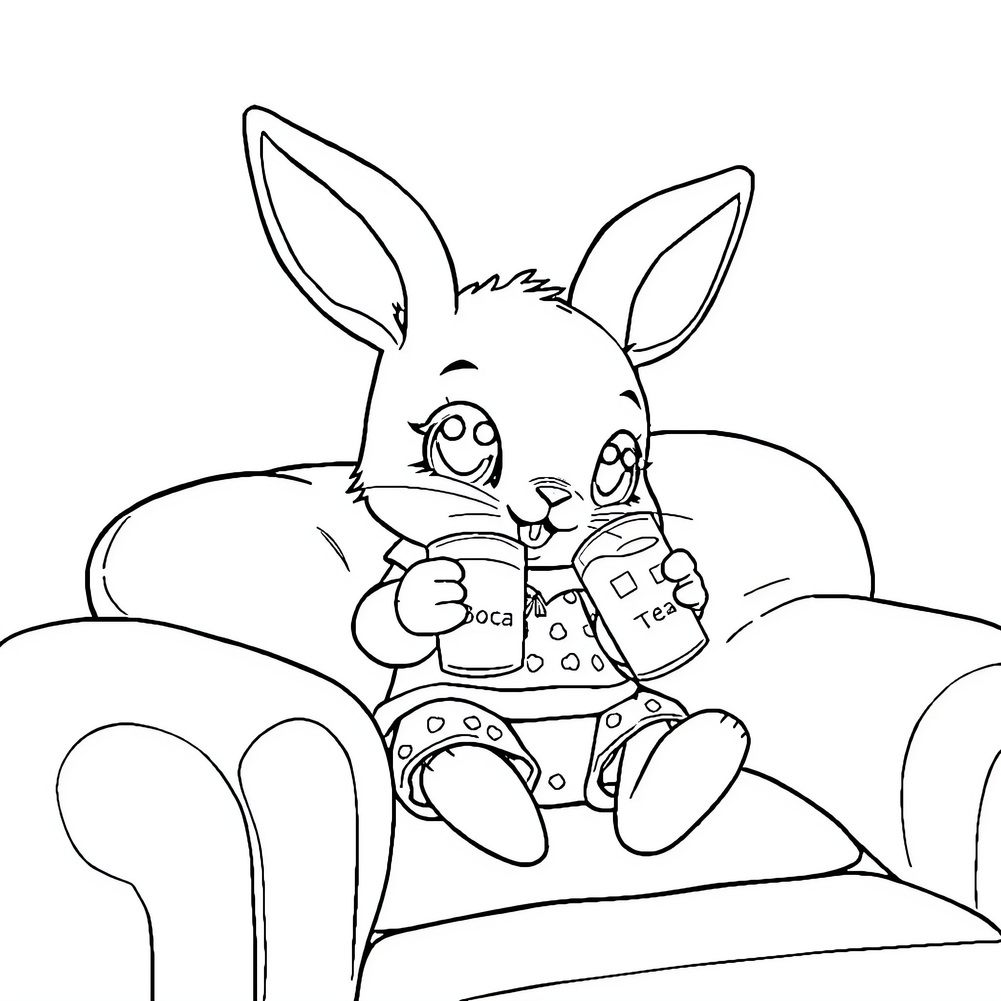 Bunny relaxing on the couch Coloring Page (free black-and-white line drawing printable PDF for all, from beginners to advanced learners, including children, teens, adults, and seniors)