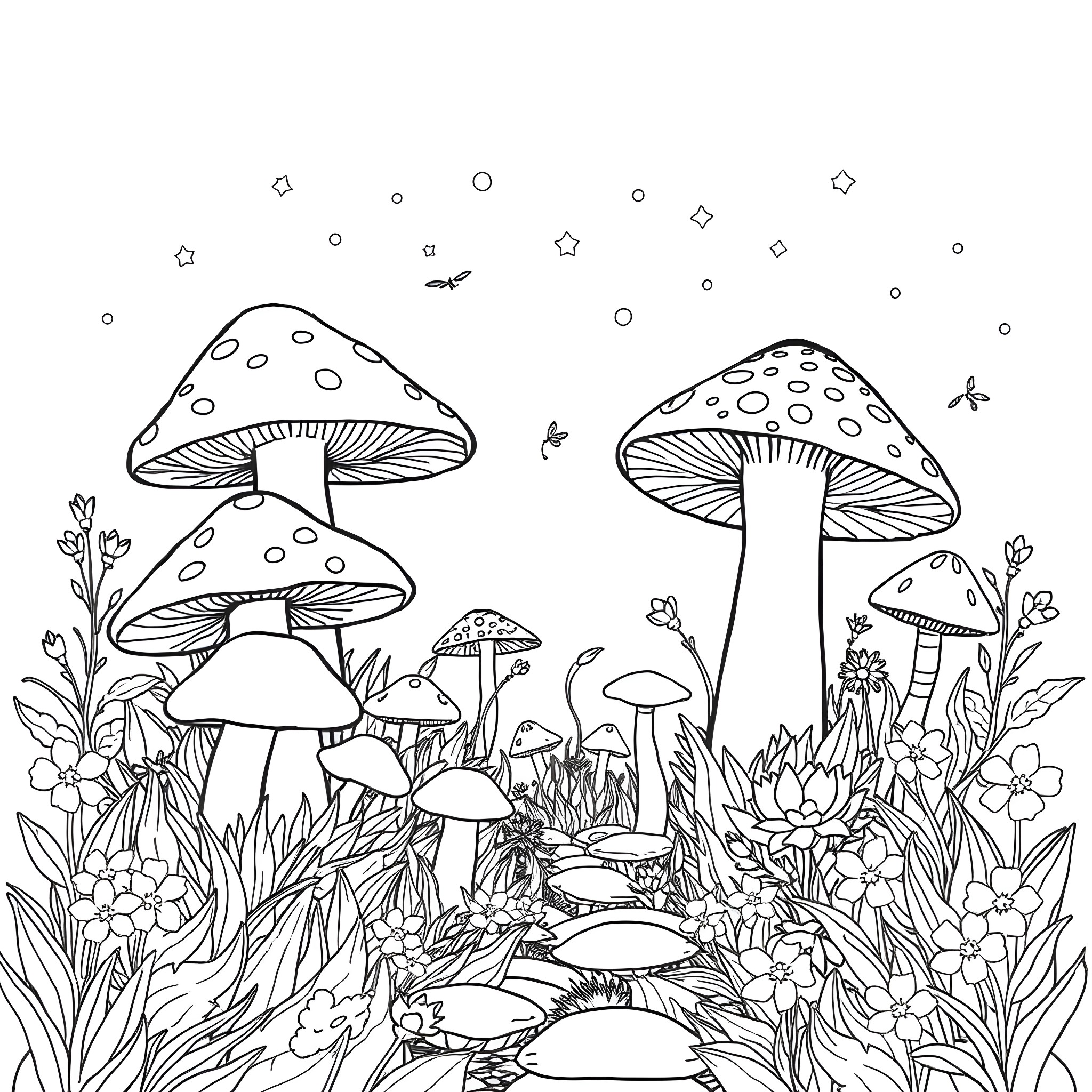 Mushroom fantasy forest with whimsical elements Coloring Page (free black-and-white line drawing printable PDF for all, from beginners to advanced learners, including children, teens, adults, and seniors)