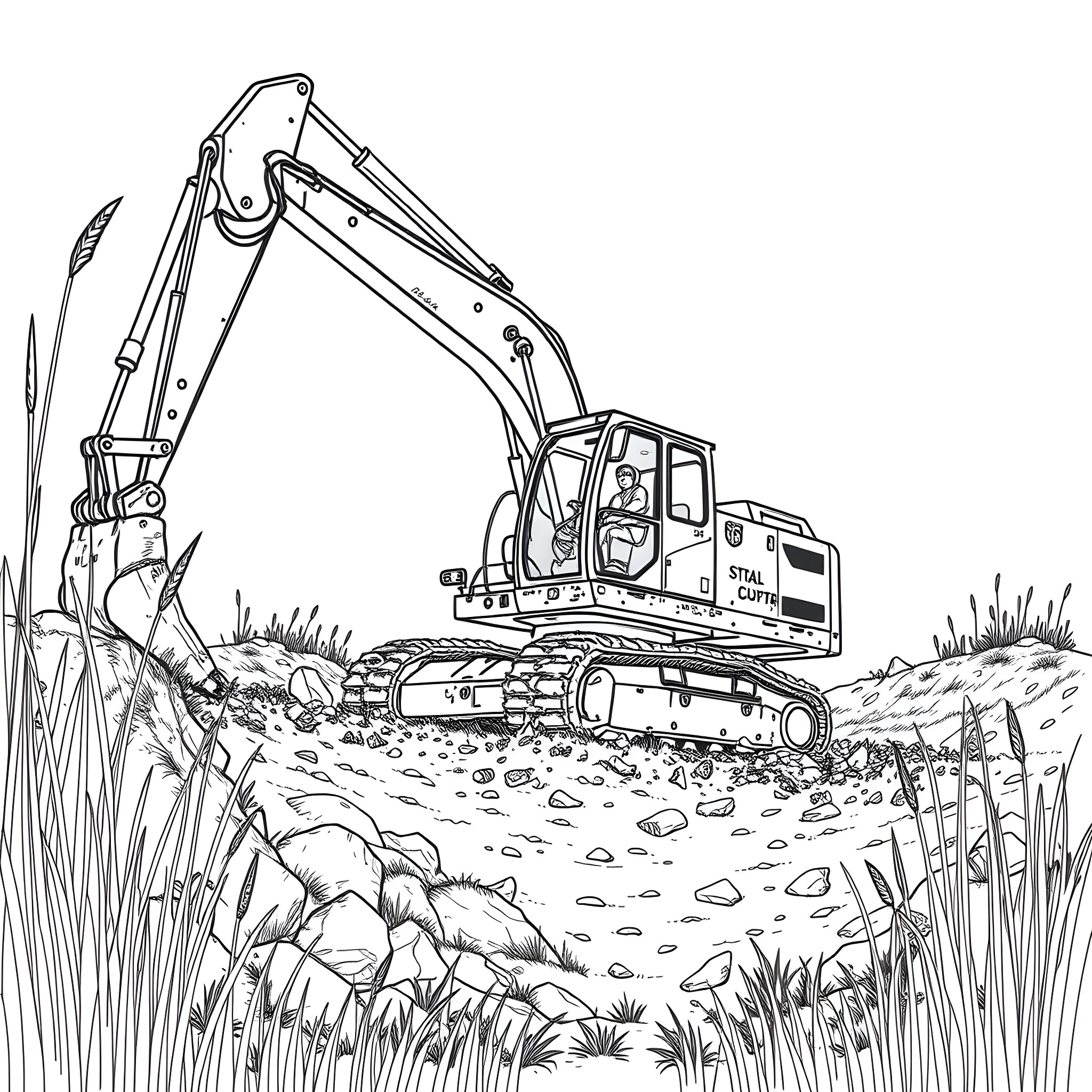 Excavator digging in the field with grass and rocks Coloring Page (free black-and-white line drawing printable PDF for all, from beginners to advanced learners, including children, teens, adults, and seniors)