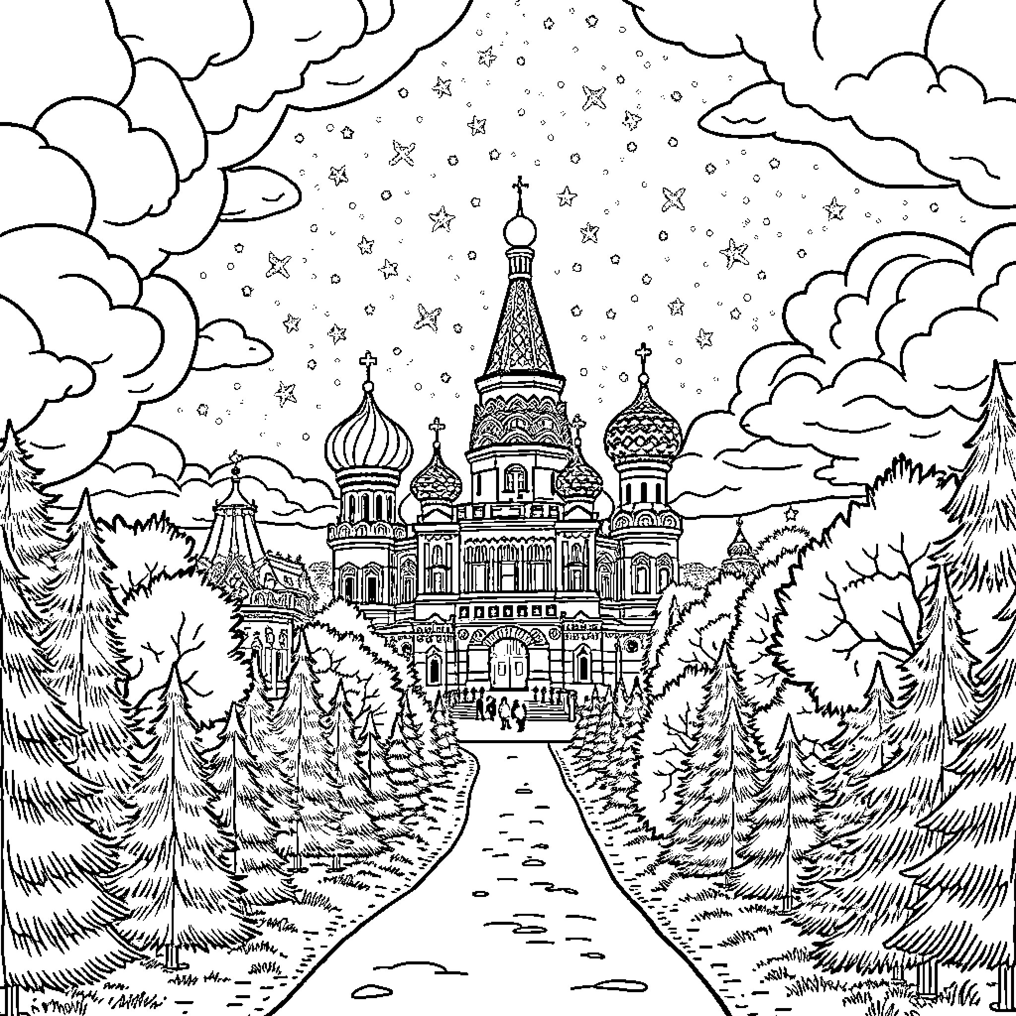 Roblox Wintry Wonderland with Russian Architecture Coloring Page (free black-and-white line drawing printable PDF for all, from beginners to advanced learners, including children, teens, adults, and seniors)