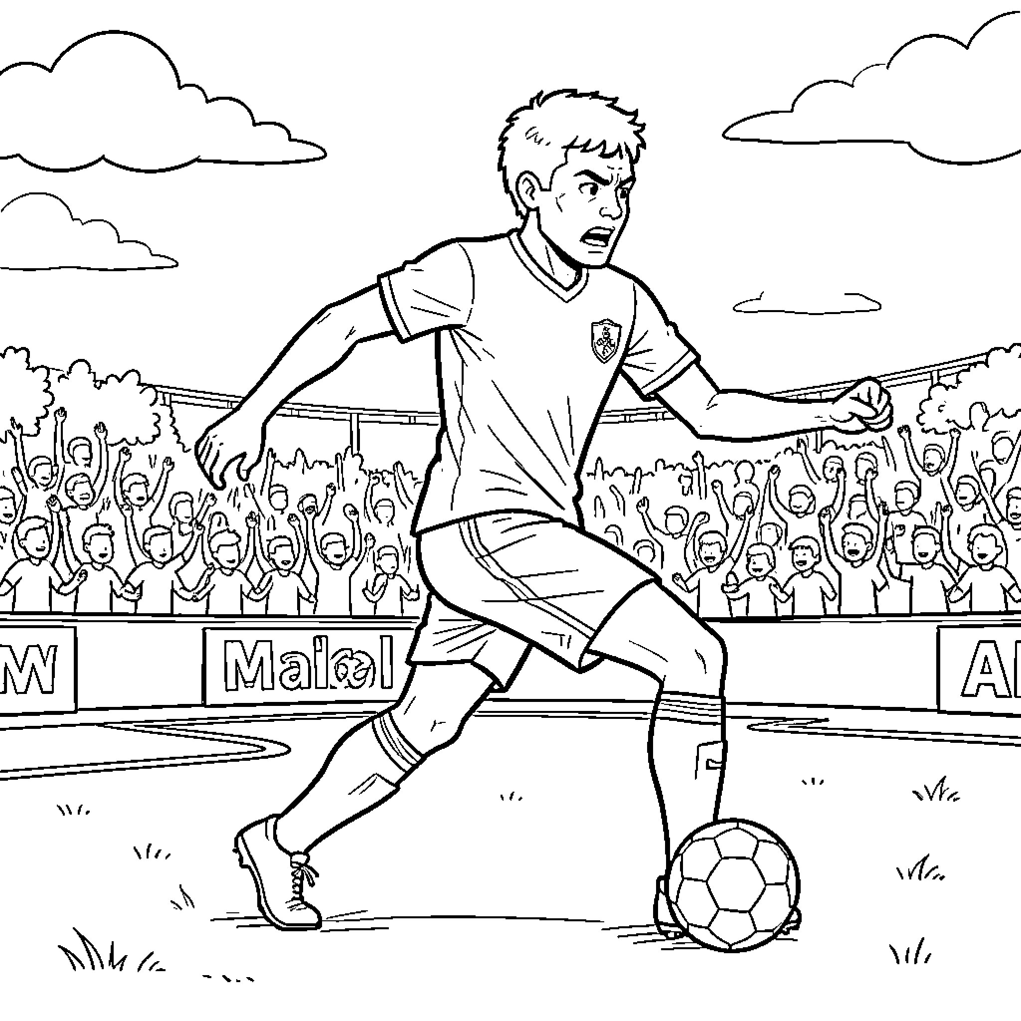 Michael Olise dribbling a soccer ball during a match Coloring Page (free black-and-white line drawing printable PDF for all, from beginners to advanced learners, including children, teens, adults, and seniors)