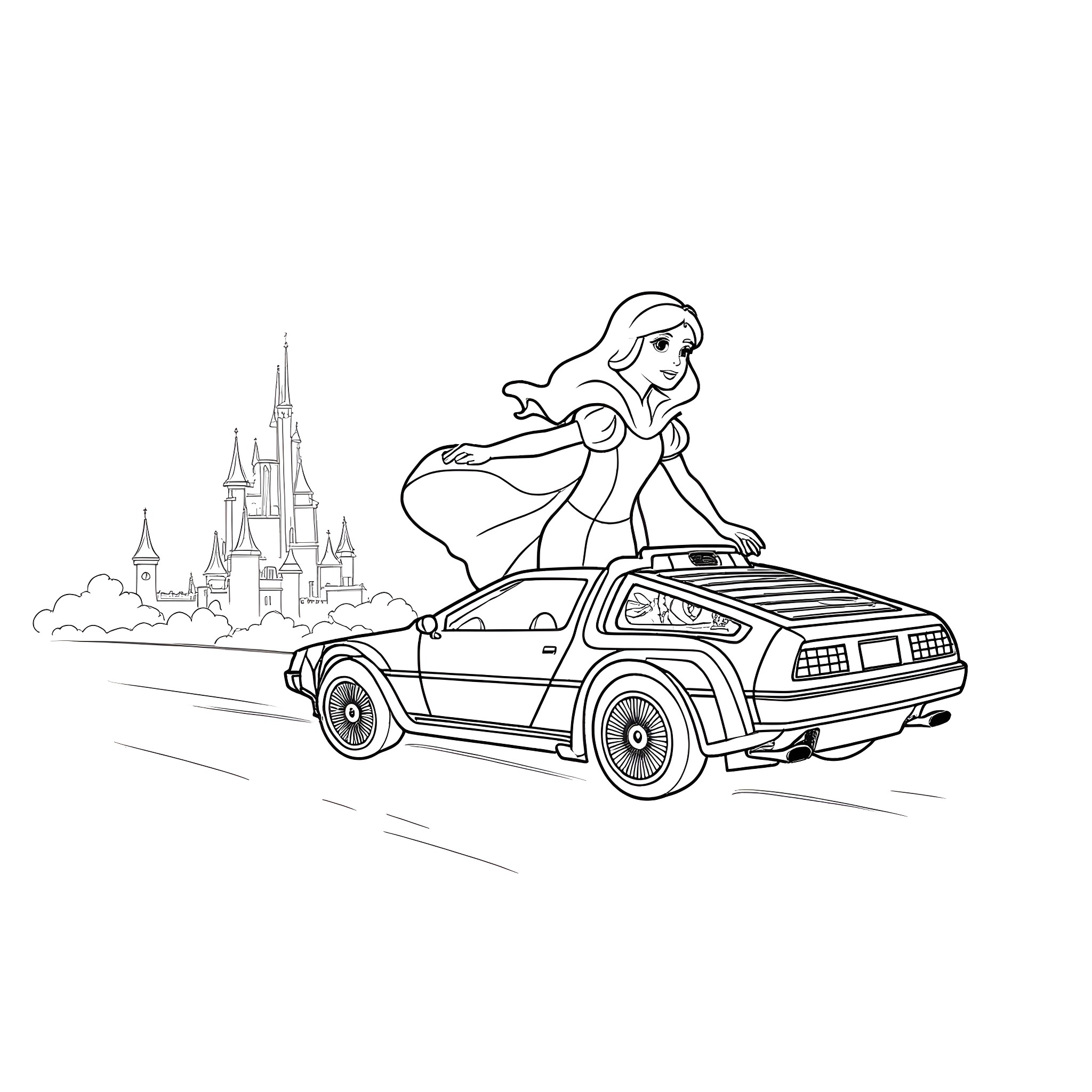 Snow White driving a futuristic car near a castle Coloring Page (free black-and-white line drawing printable PDF for all, from beginners to advanced learners, including children, teens, adults, and seniors)