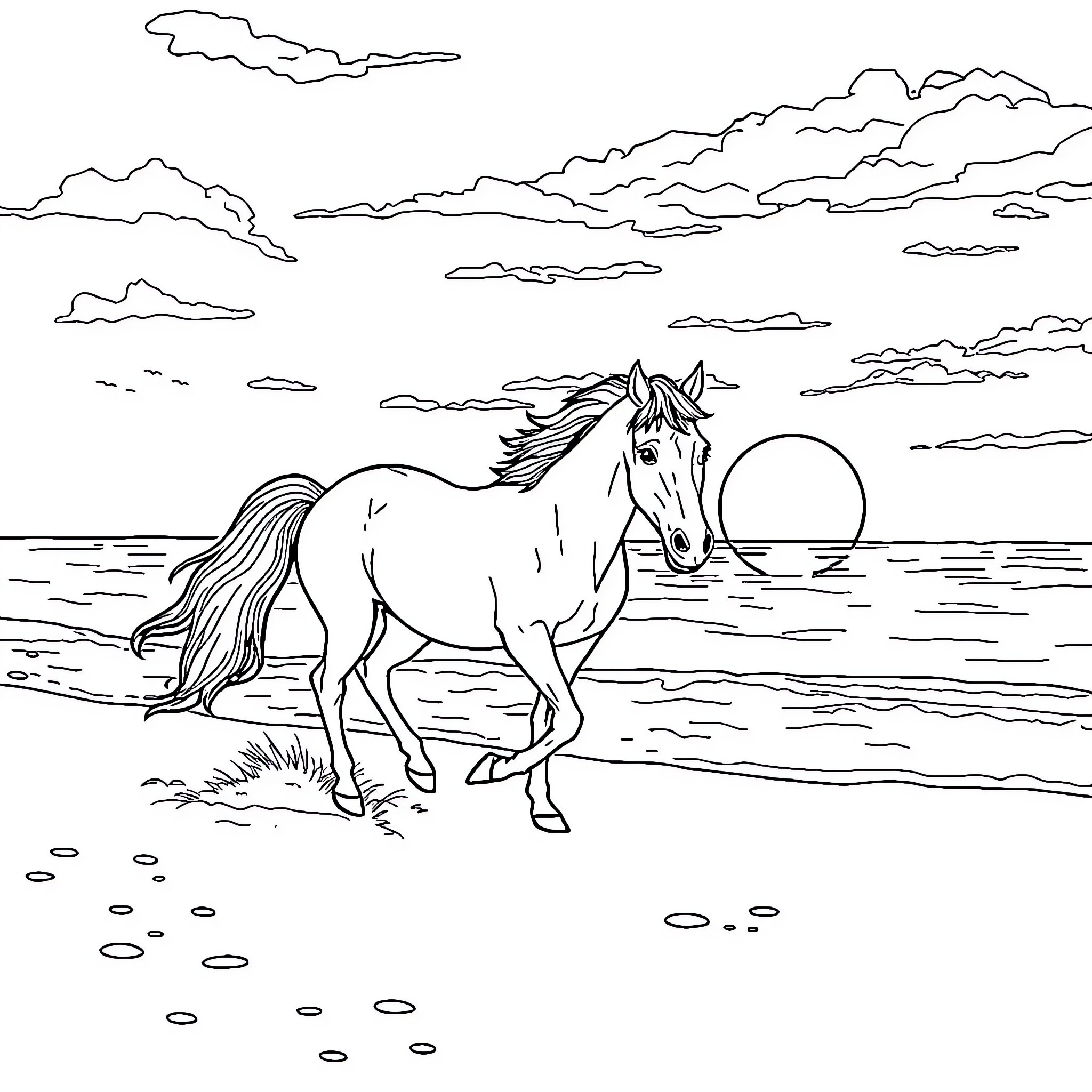 Horse in a scenic landscape Coloring Page (free black-and-white line drawing printable PDF for all, from beginners to advanced learners, including children, teens, adults, and seniors)